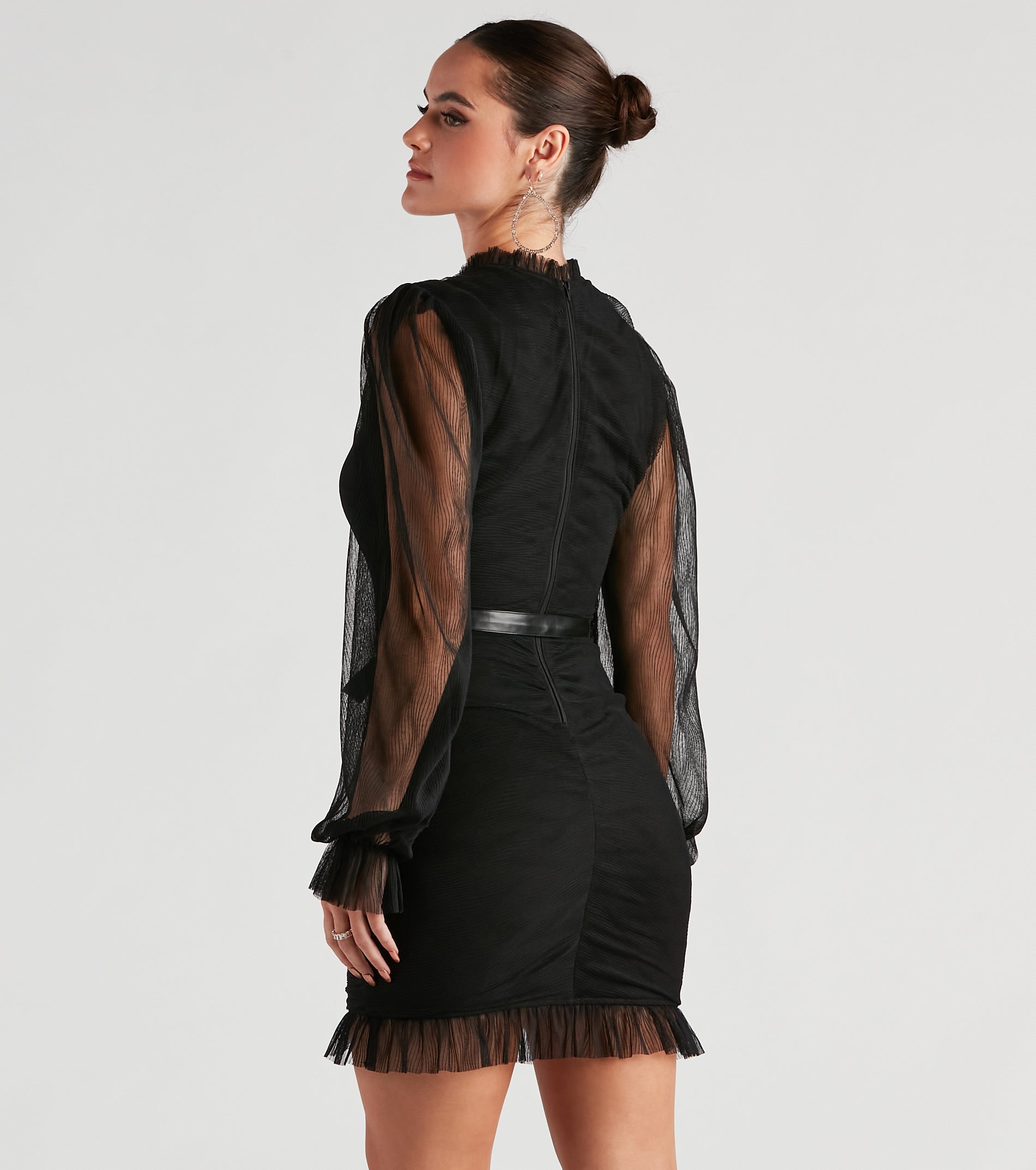 Chic Pleated Mesh Faux Leather Belted Mini Dress
