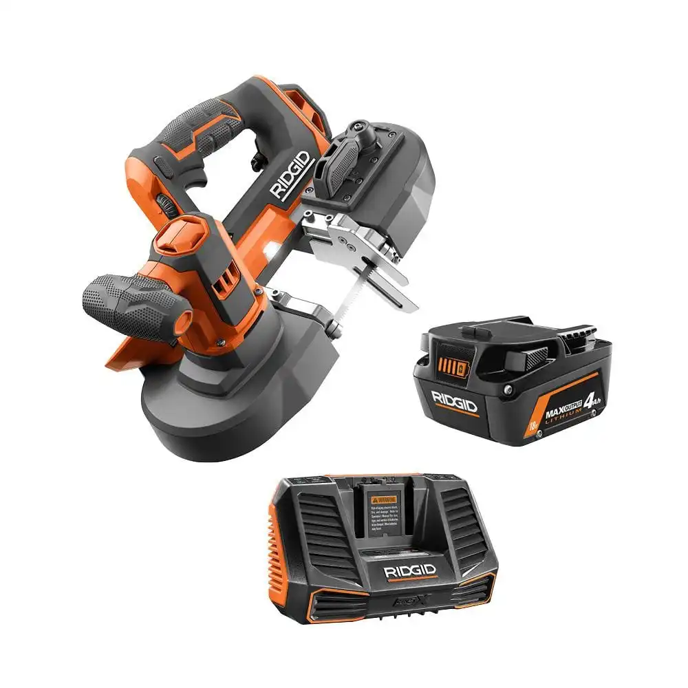 RIDGID 18V Cordless Compact Band Saw Kit with 18V Lithium-Ion Max Output 4.0 Ah Battery and Charger R8604B-AC9540