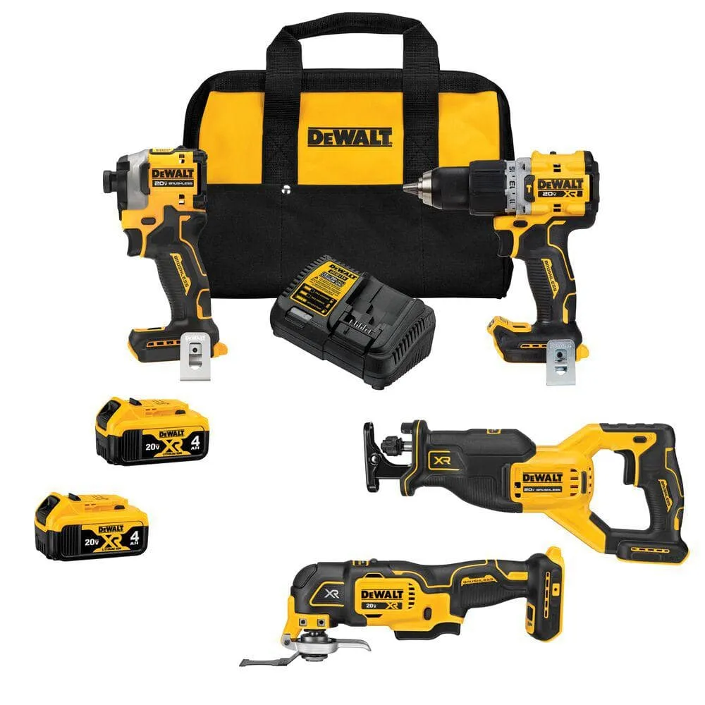 DEWALT 20V MAX Lithium-Ion Cordless Brushless 4 Tool Combo Kit with (2) 4.0Ah Batteries, Charger, and Kit Bag DCK4050M2
