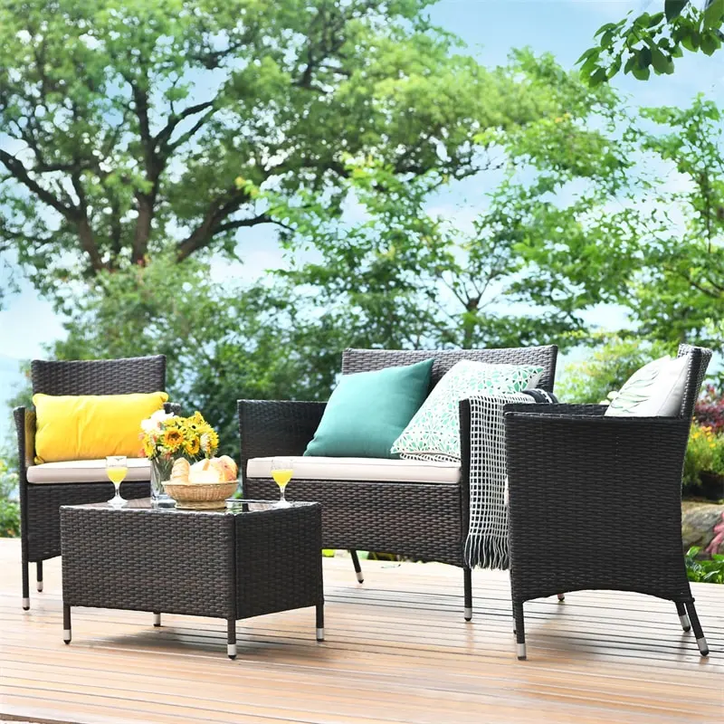 💝(LAST DAY CLEARANCE SALE 70% OFF)4 Pcs Outdoor Rattan Patio Conversation Set Wicker Furniture Set with Coffee Table and Cushioned Sofas