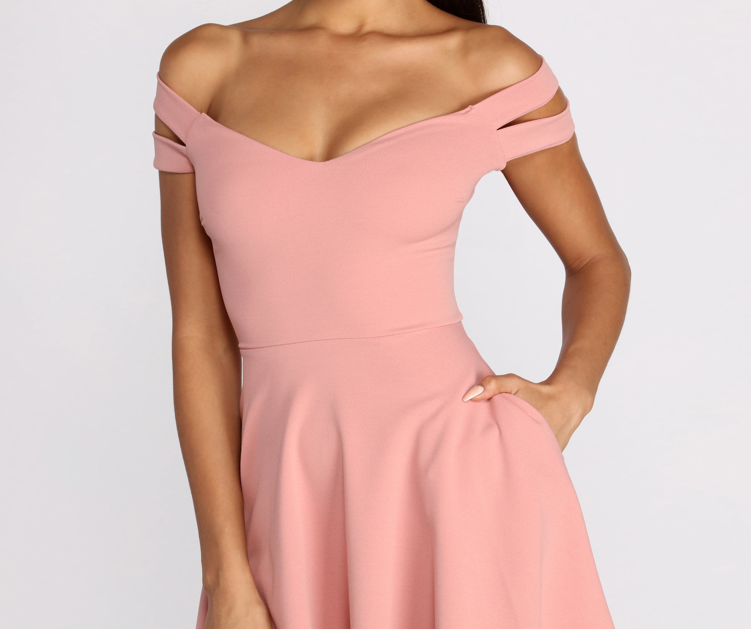 Give It A Spin Off Shoulder Pleated Skater Dress