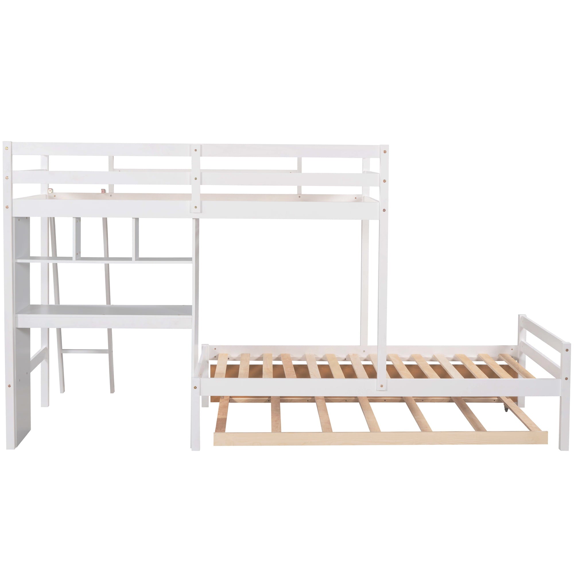 EUROCO Twin over Twin Bunk Bed with Desk and Trundle for Kids Bedroom, White
