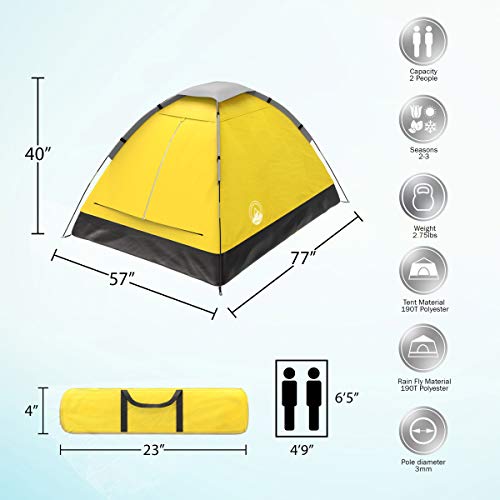 2 Person Dome Tent- Rain Fly and Carry Bag- Easy Set Up-Great for Camping， Backpacking， Hiking and Outdoor Music Festivals by Wakeman Outdoors (Yellow)