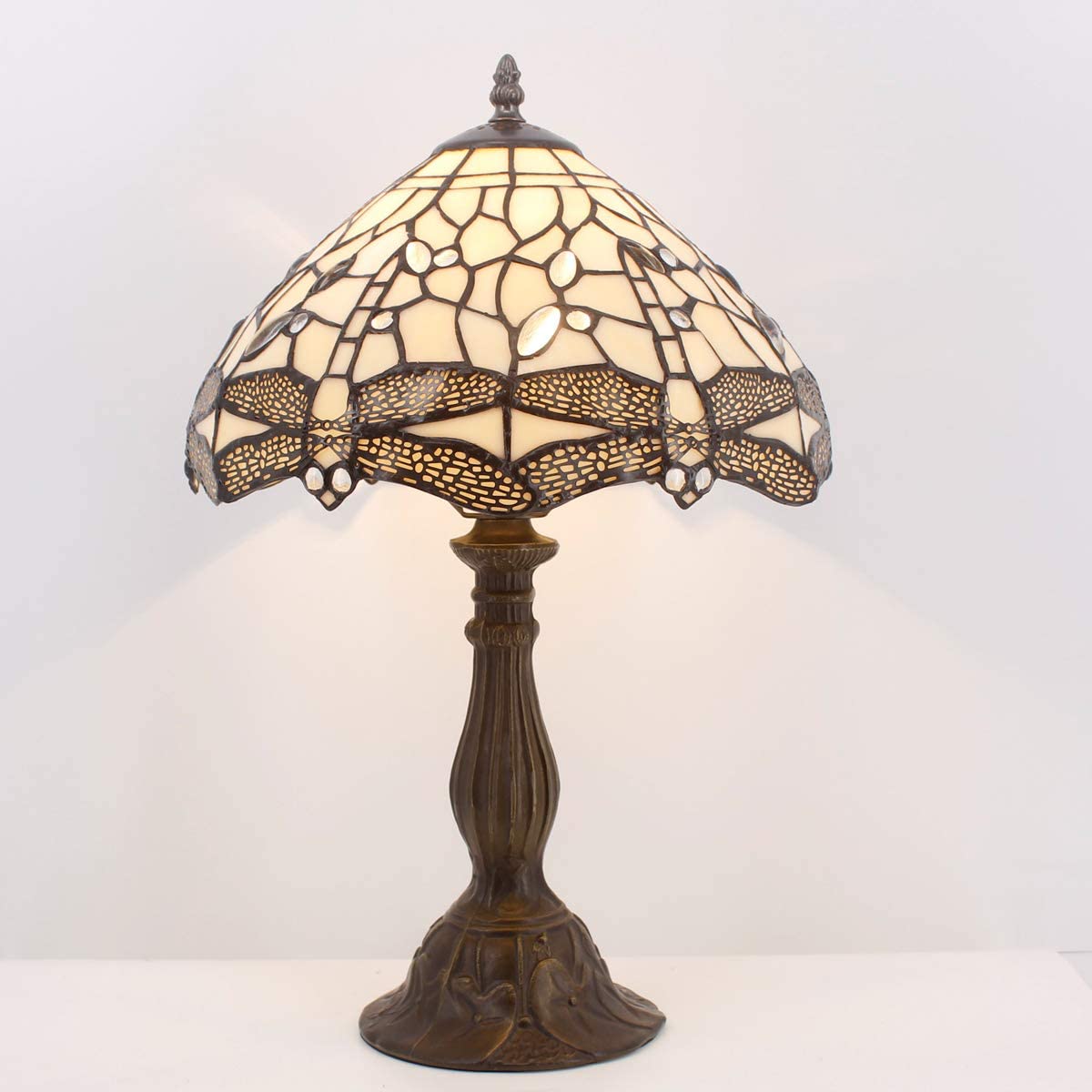GEDUBIUBOO  Lamp Cream Stained Glass Dragonfly Bedside Table Lamp Desk Reading Light 12X12X18 Inches Decor Bedroom Living Room  Office S139 Series