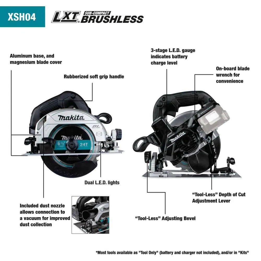 Makita 18V 6-1/2 in. LXT Sub-Compact Lithium-Ion Brushless Cordless Circular Saw (Tool Only) XSH04ZB