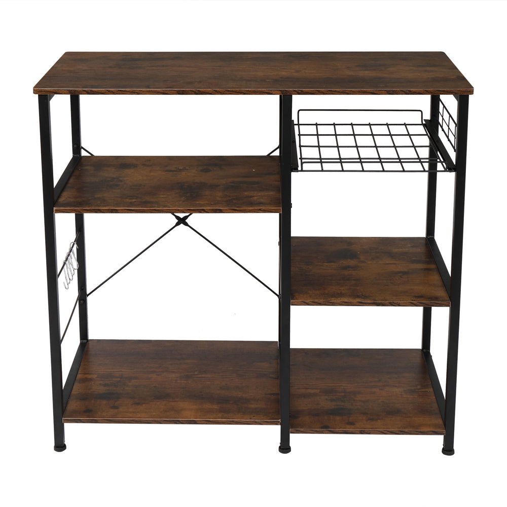 Industrial Kitchen Baker's Rack， Coffee Bar with Wire Basket， Utility Microwave Oven Stand Utility Carts Organizer， Kitchen Island Rack Shelves， Easy Assembly， Vintage Brown