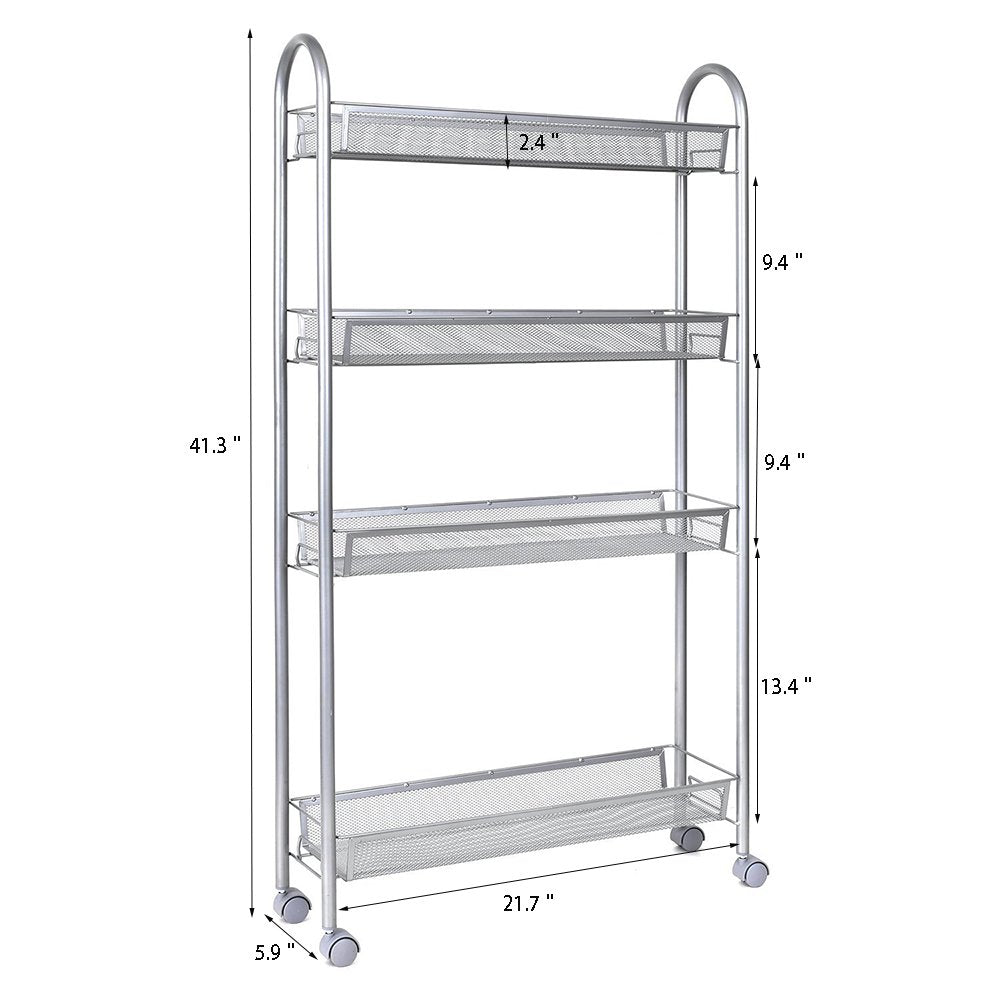 4-Tier Wire Metal Mesh Shelves， Heavy Duty Utility Rolling Cart Trolley， Slim Slide Out Storage Organizer Easy Moving Cart Shelving Units for for Kitchen Office Bedroom Bathroom Washroom， L2412