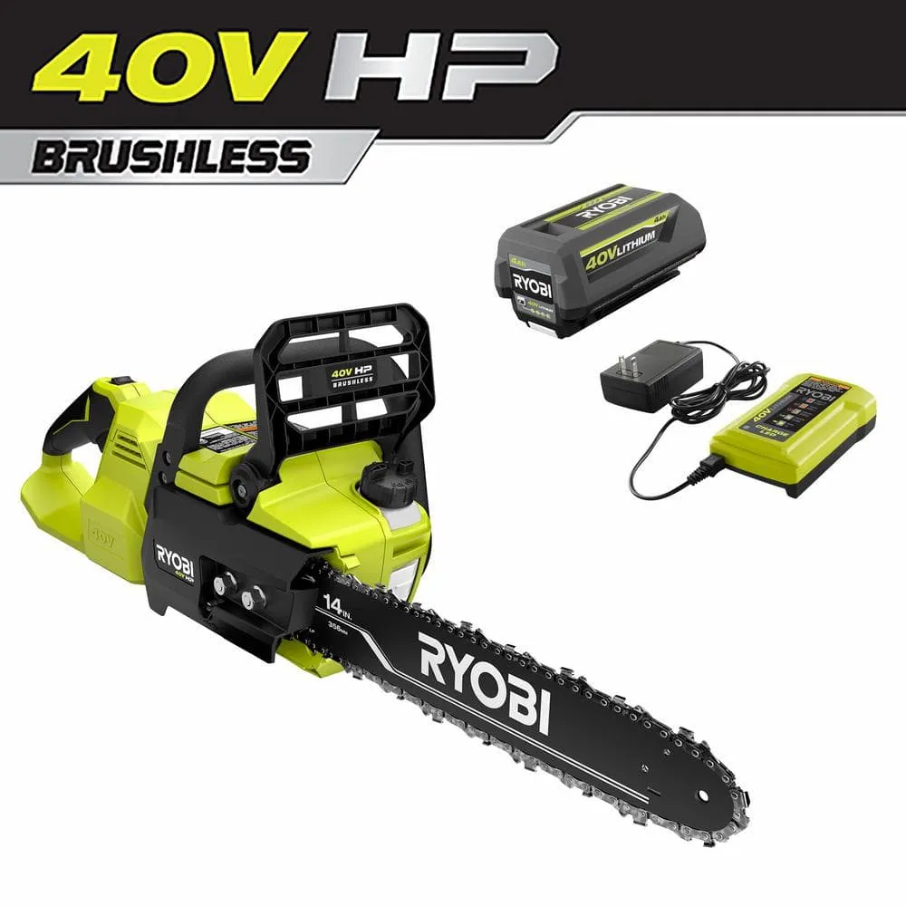 RYOBI 40V HP Brushless 14 in. Battery Chainsaw with 4.0 Ah Battery and Charger RY405100