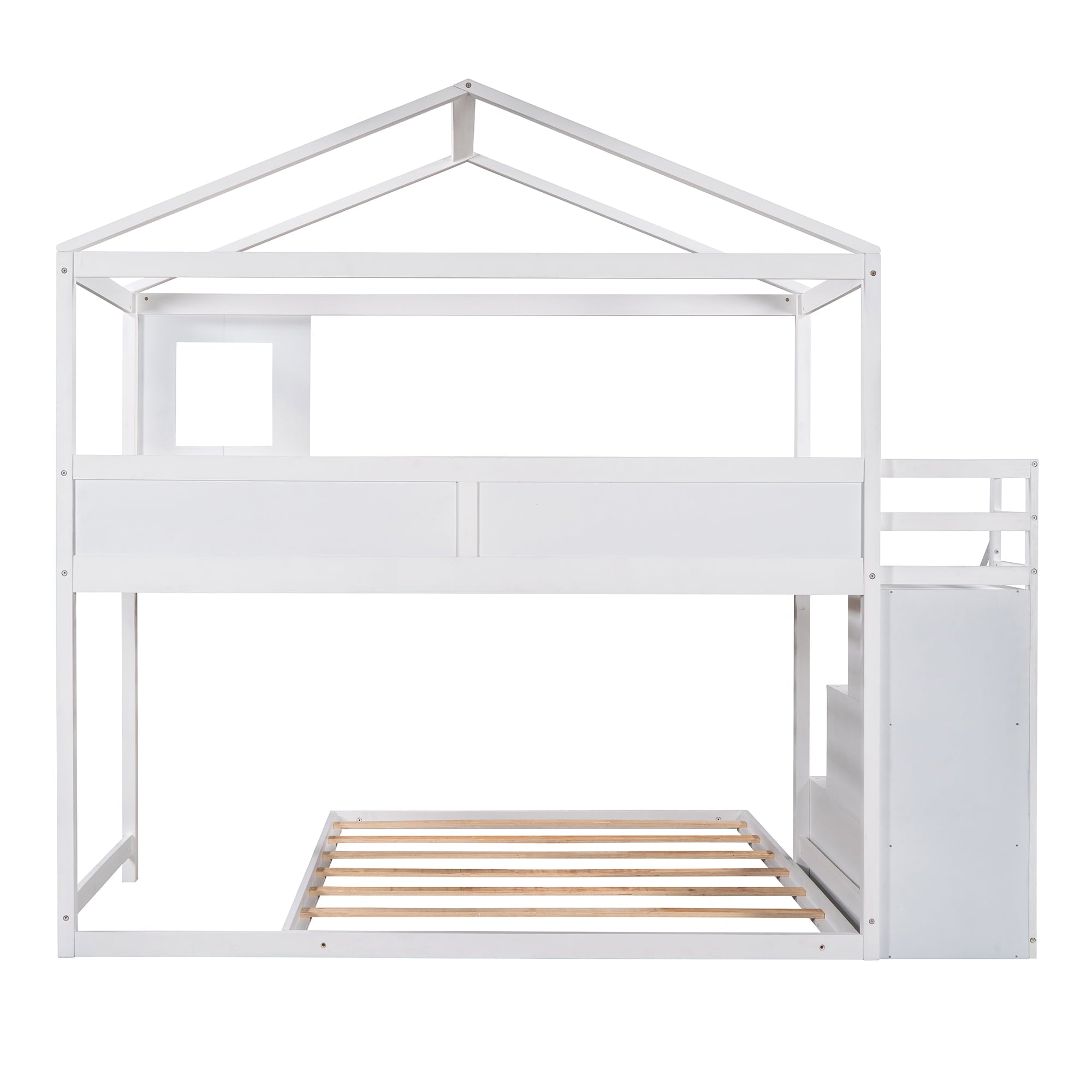EUROCO Twin over Full House Bunk Bed with Storage Staircase and Blackboard for Kids Bedroom, White