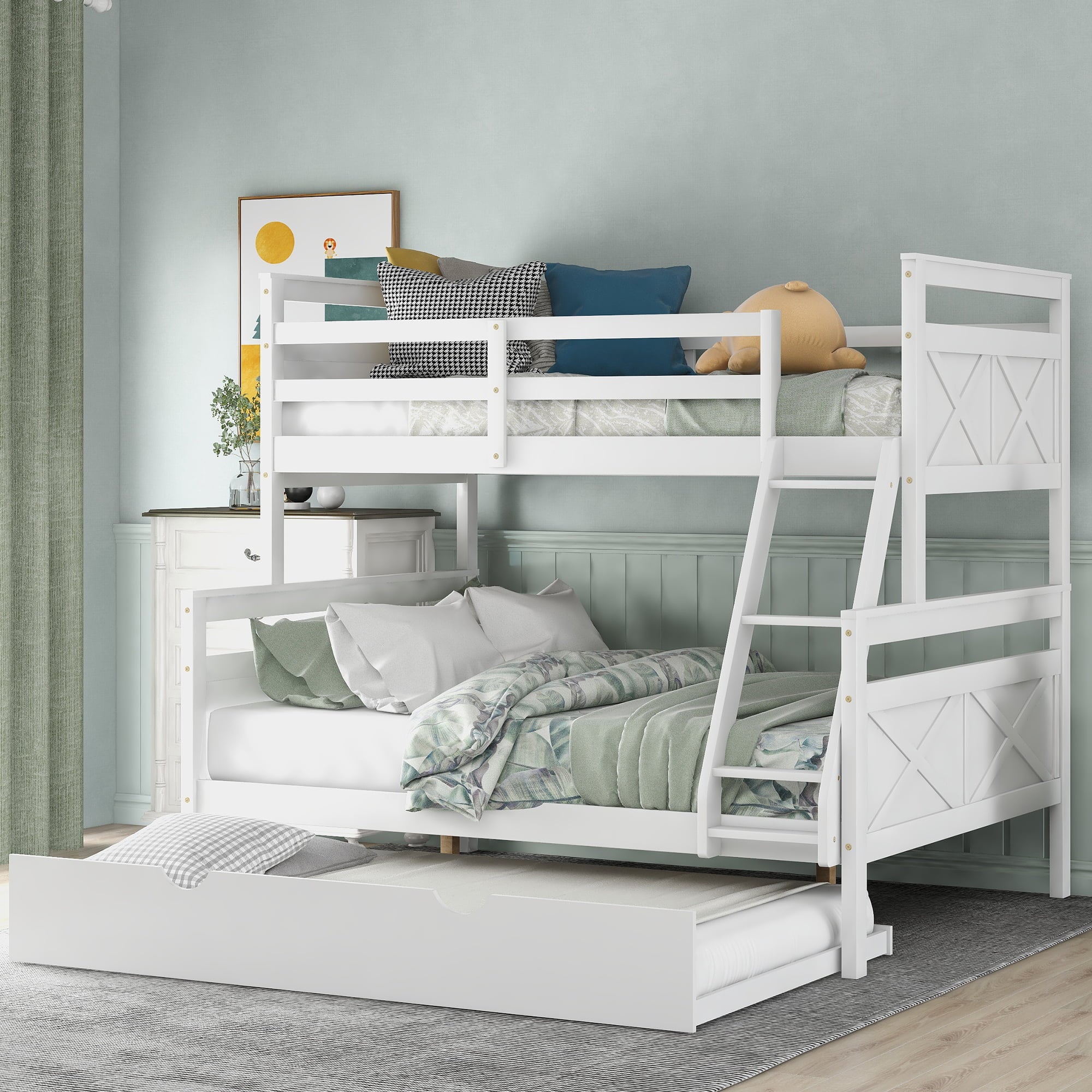 Euroco Wood Twin over Full Bunk Bed with Trundle for Kids & Adults for Bedrooms, White