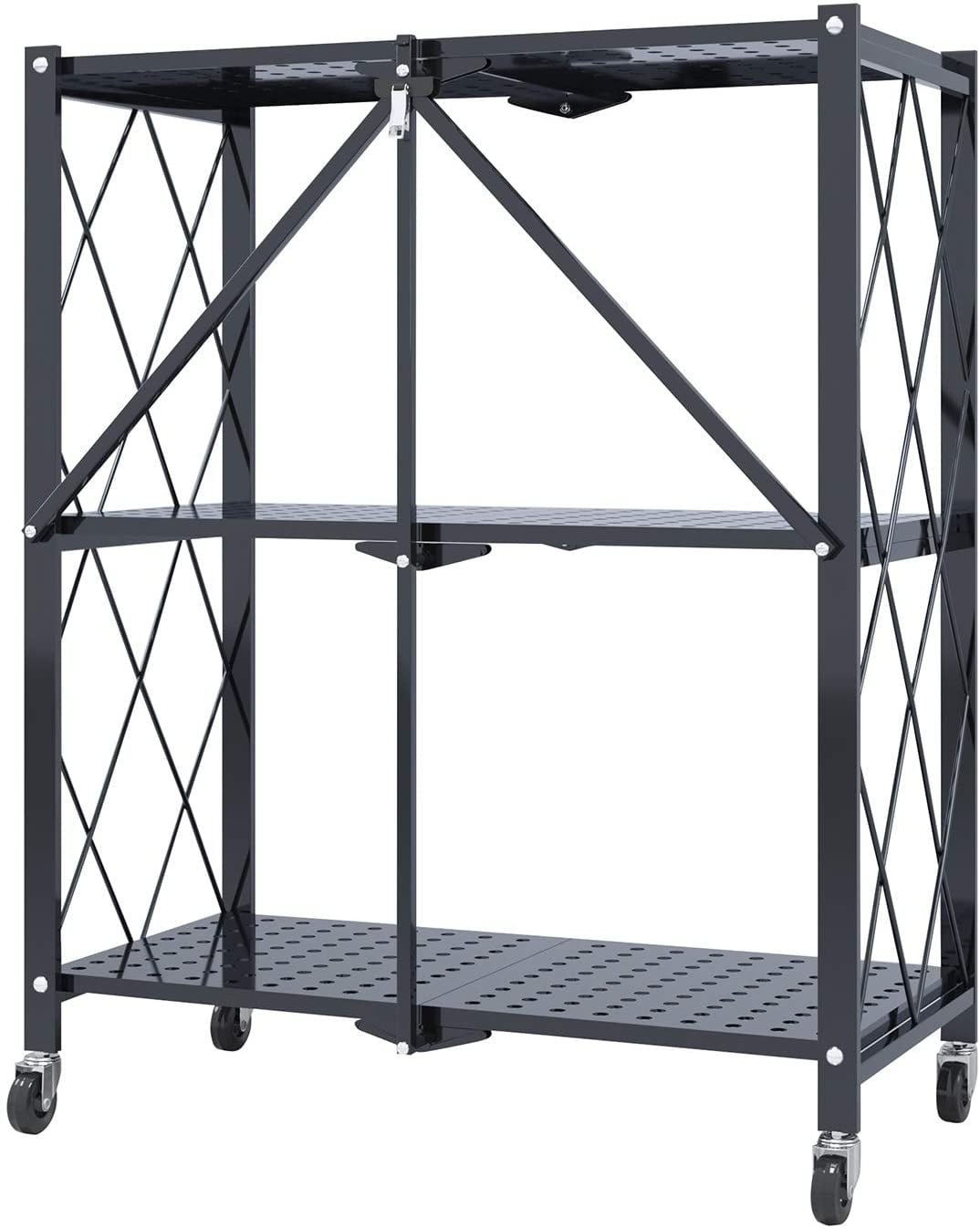 Soges 3-Tier Foldable Metal Storage Shelf Rolling Rack with Wheels Moving Utility Cart for Home Office Kitchen Garage， Black