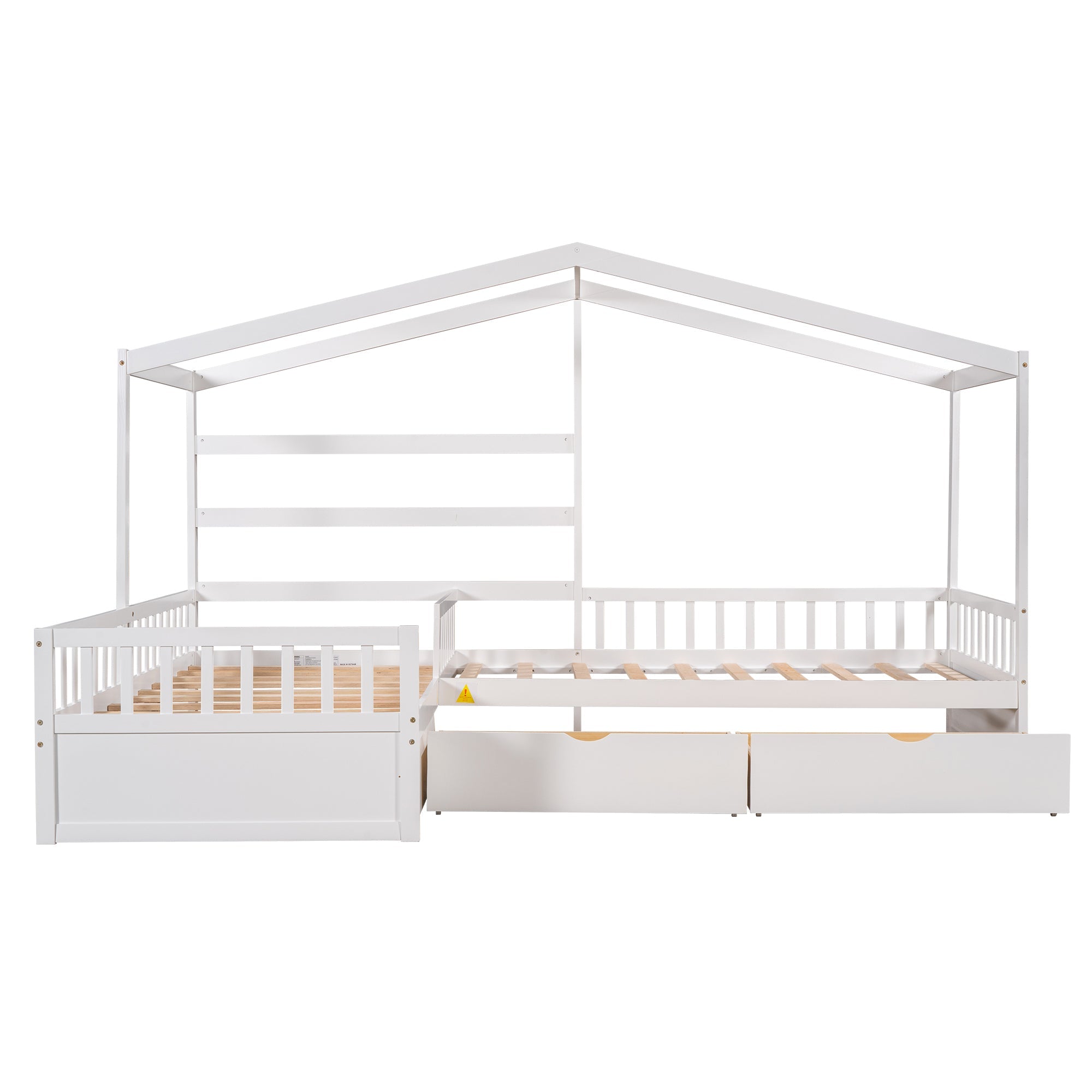 Wood Twin Double House Bed with Three Drawers for Kids, White