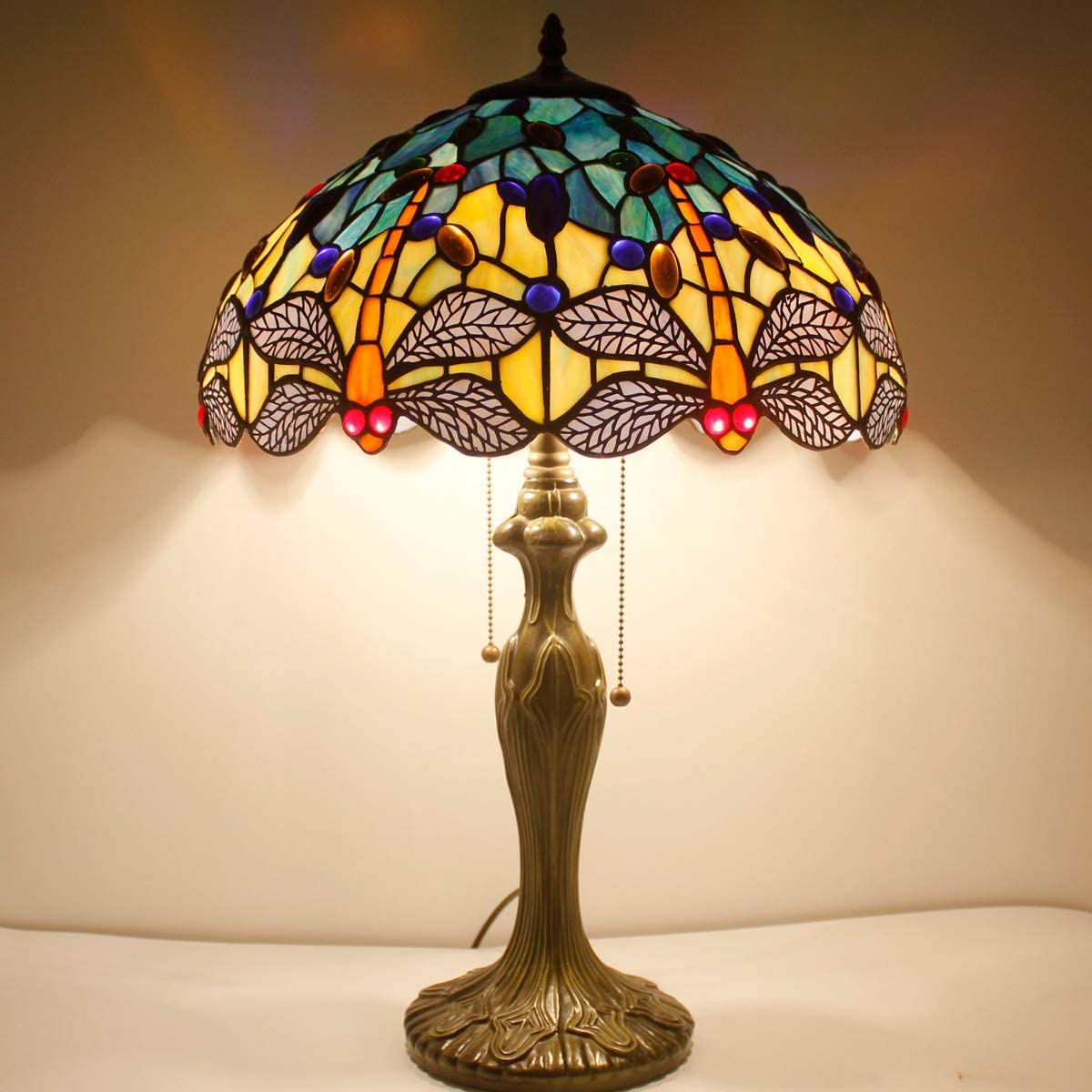 GEDUBIUBOO  Lamp Stained Glass Bedside Table Lamp Navy Blue Yellow Turquoise Dragonfly 16X16X24 Inch Desk Light Metal Base Decor Bedroom Living Room  Office S128 Series