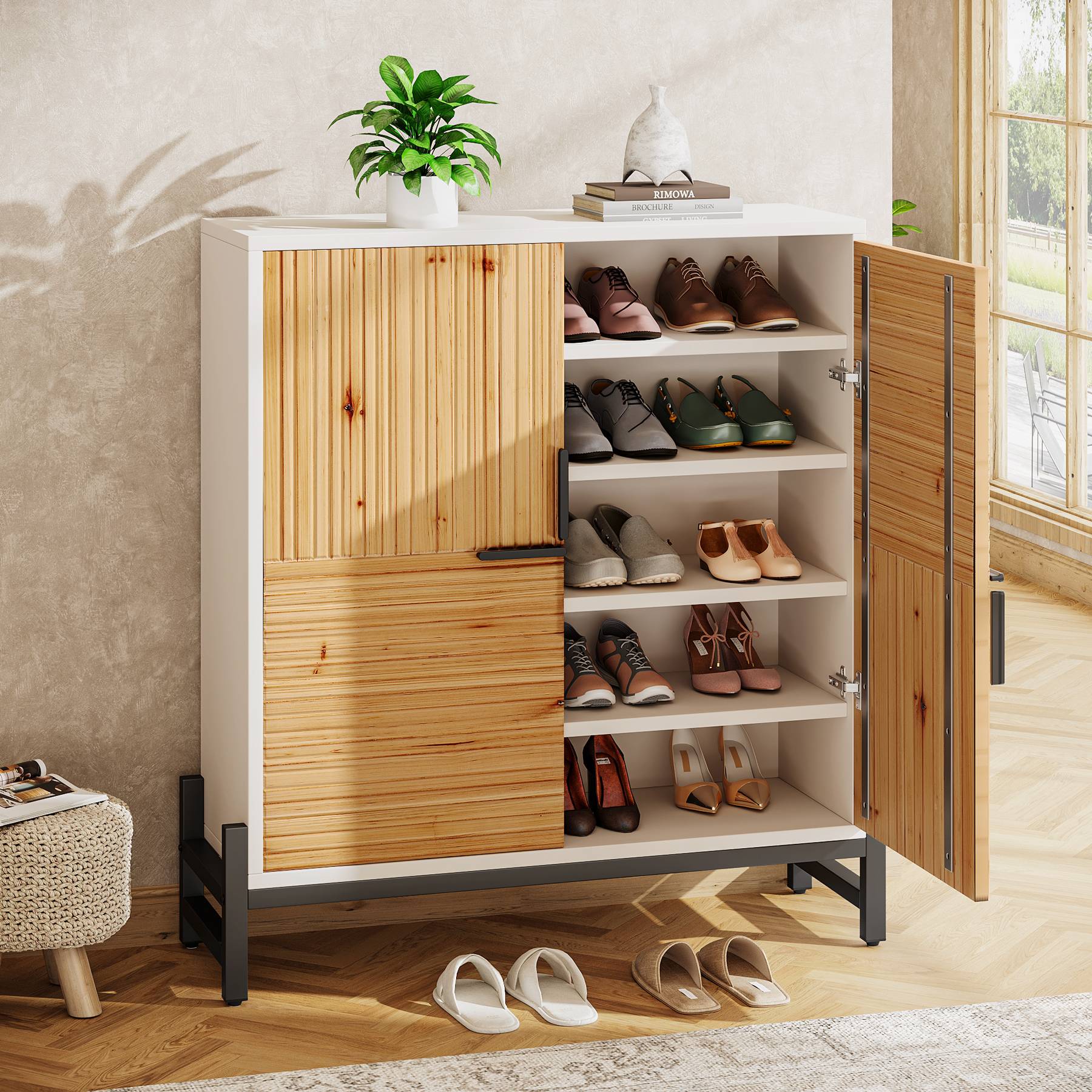 5-Tier Shoe Cabinet, Shoe Organizer with Doors & Adjustable Shelves