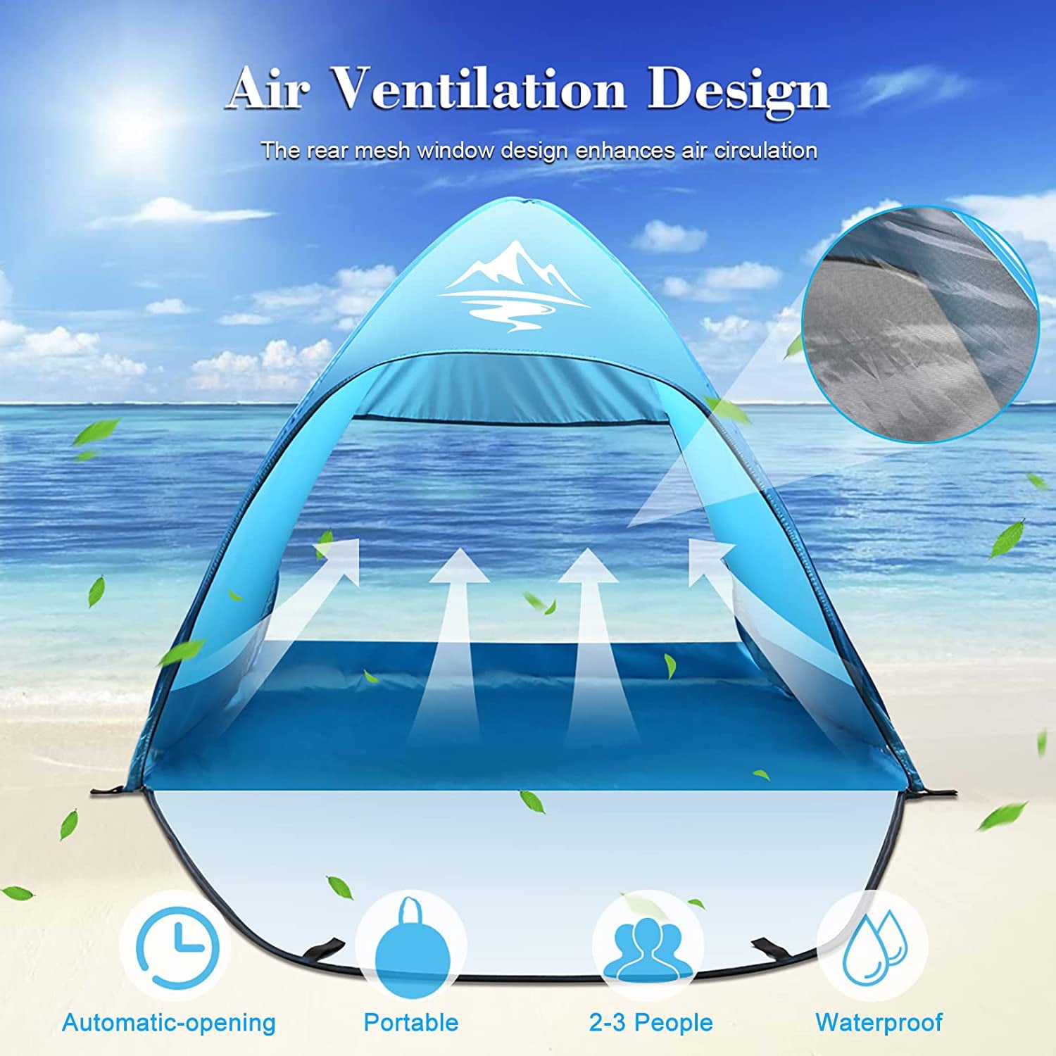 2-3 Person Pop up Beach Tent Sun Shelter UPF 50+ Anti-UV Blusmart Portable Waterproof Fishing Camping Tent W/ Carry Bag， Blue