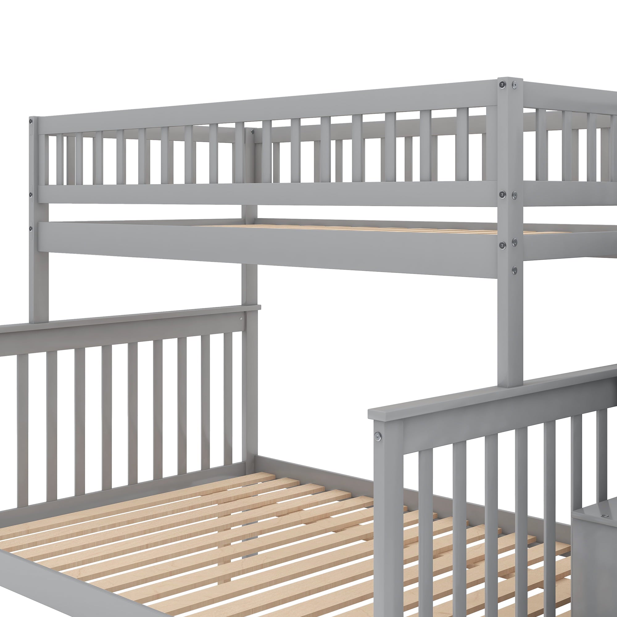 Euroco Twin Over Full Bunk Bed with Trundle and Stairs for Kids, Gray