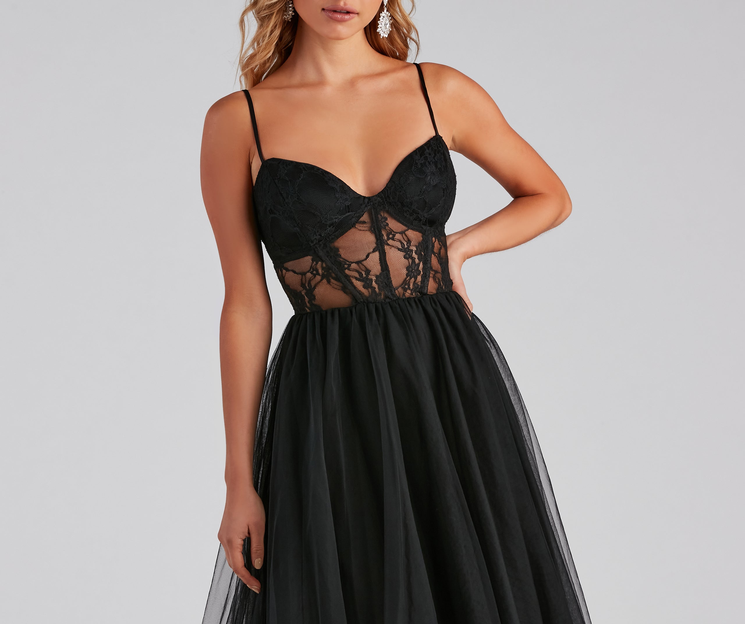 Vanae Formal Lace Illusion Midi A-Line Dress