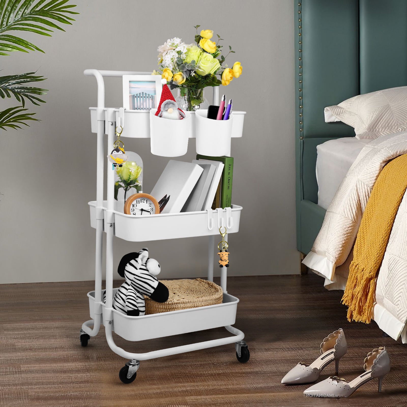 3-Tier Utility Rolling Cart，Mobile Utility Cart with Lockable Caster Wheels，Storage Shelves Organizer Cart， 4 Hanging Baskets， Easy Assembly，for Bathroom， Kitchen， Office， Workshop，White