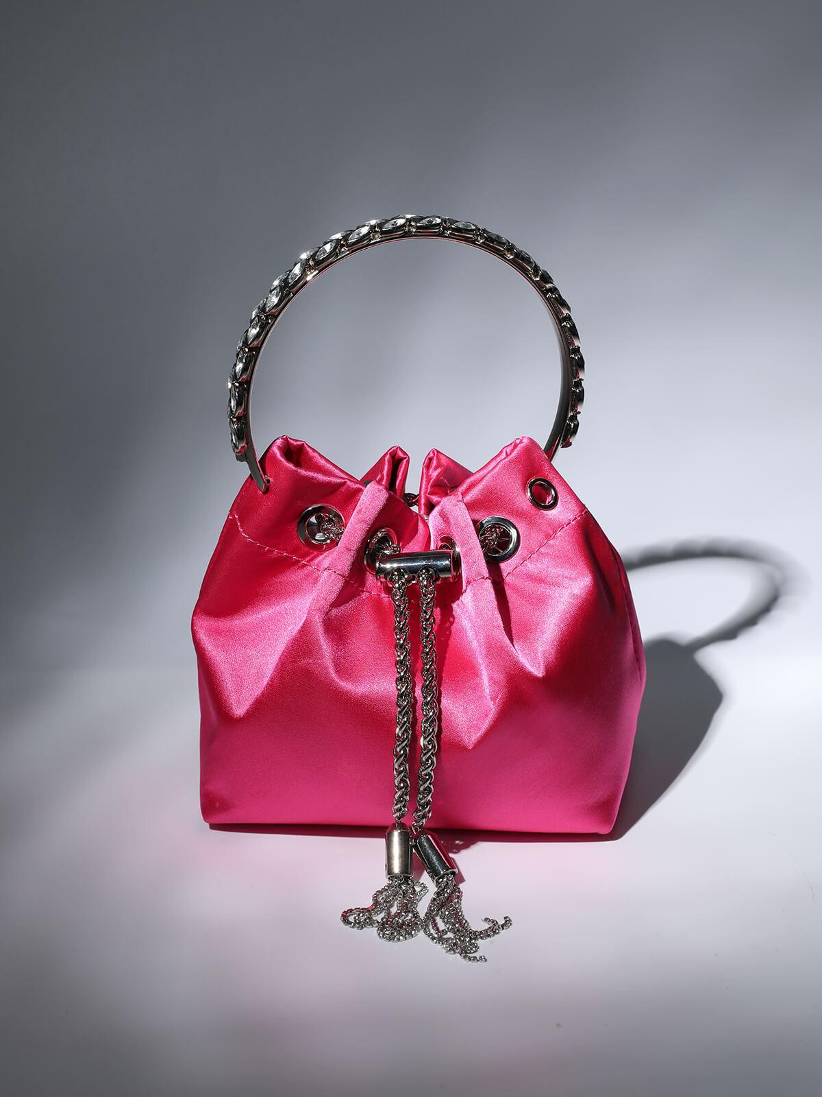 Mattea Satin Crystal Embellished Bucket Bag In Hot Pink