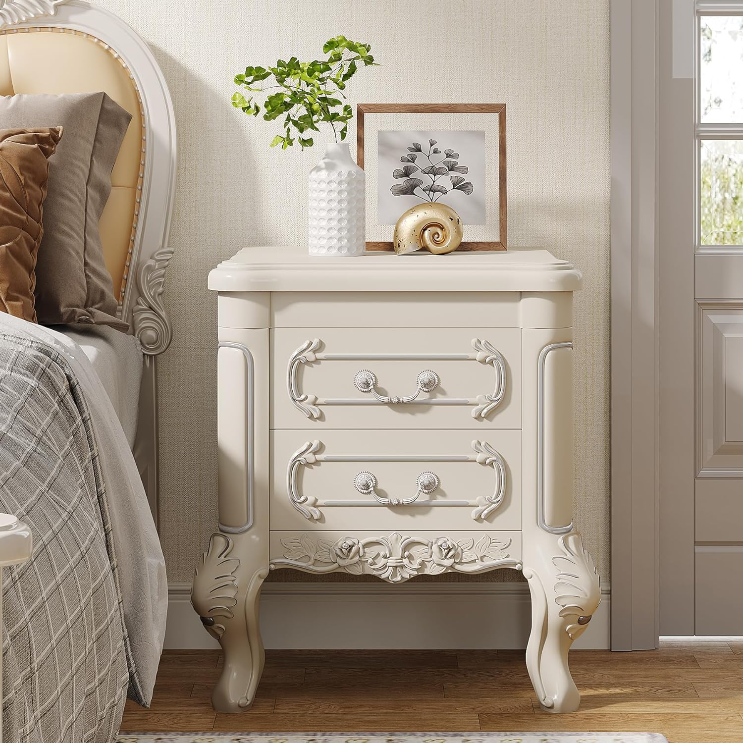 Carved Nightstand, White  Bedside Table End Table with 2 Drawers