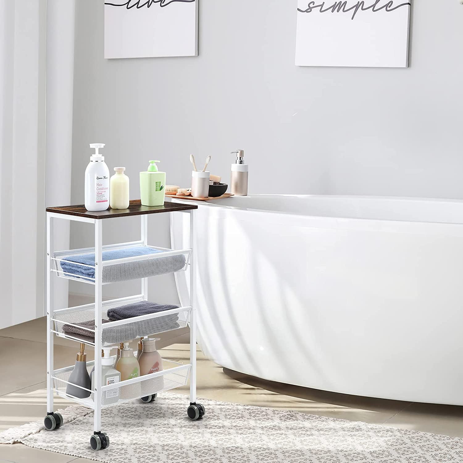 3 Tier Kitchen Storage Rack Cart with Lockable Wheels and Wood Top， White
