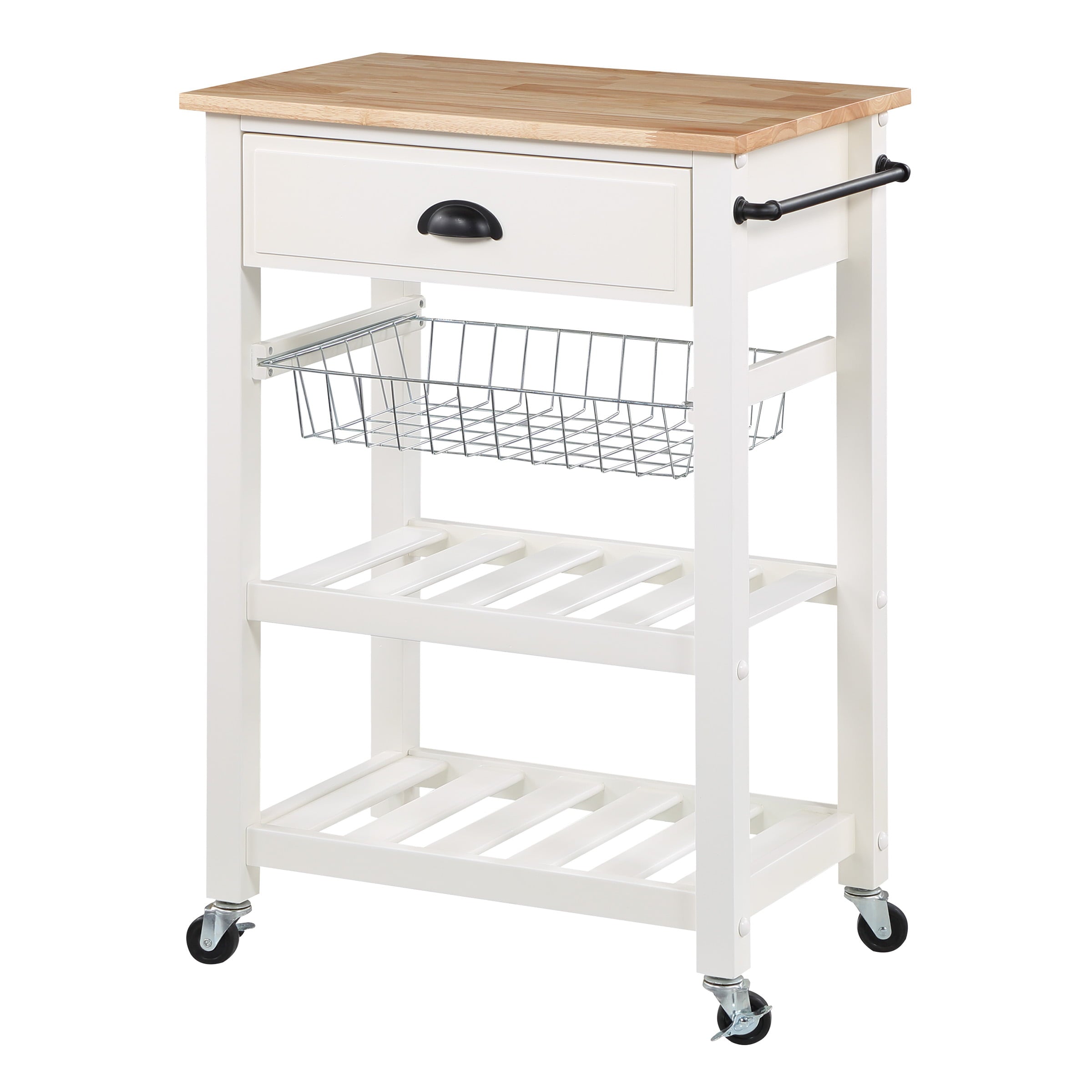 OS Home and Office Furniture Model HMPNW-11 Hampton Kitchen Cart in White with Solid Rubberwood Top