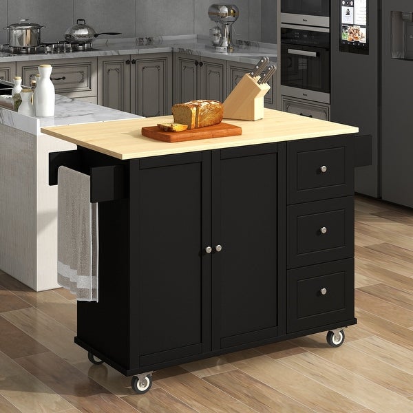 Kitchen Island with Solid Wood Top and Drop Leaf Breakfast Bar - - 36593991