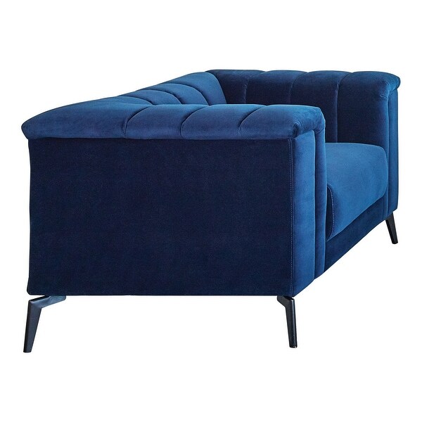 43 Inch Modern Accent Chair， Channel Tufted， Tuxedo Arms， Blue Matte Velvet