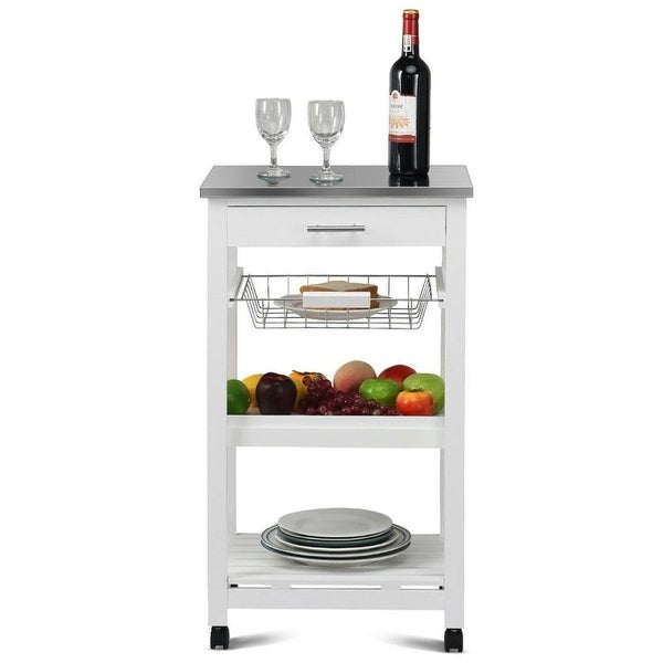 White Kitchen Cart with Storage Drawer and Stainless Steel Top - 18.5
