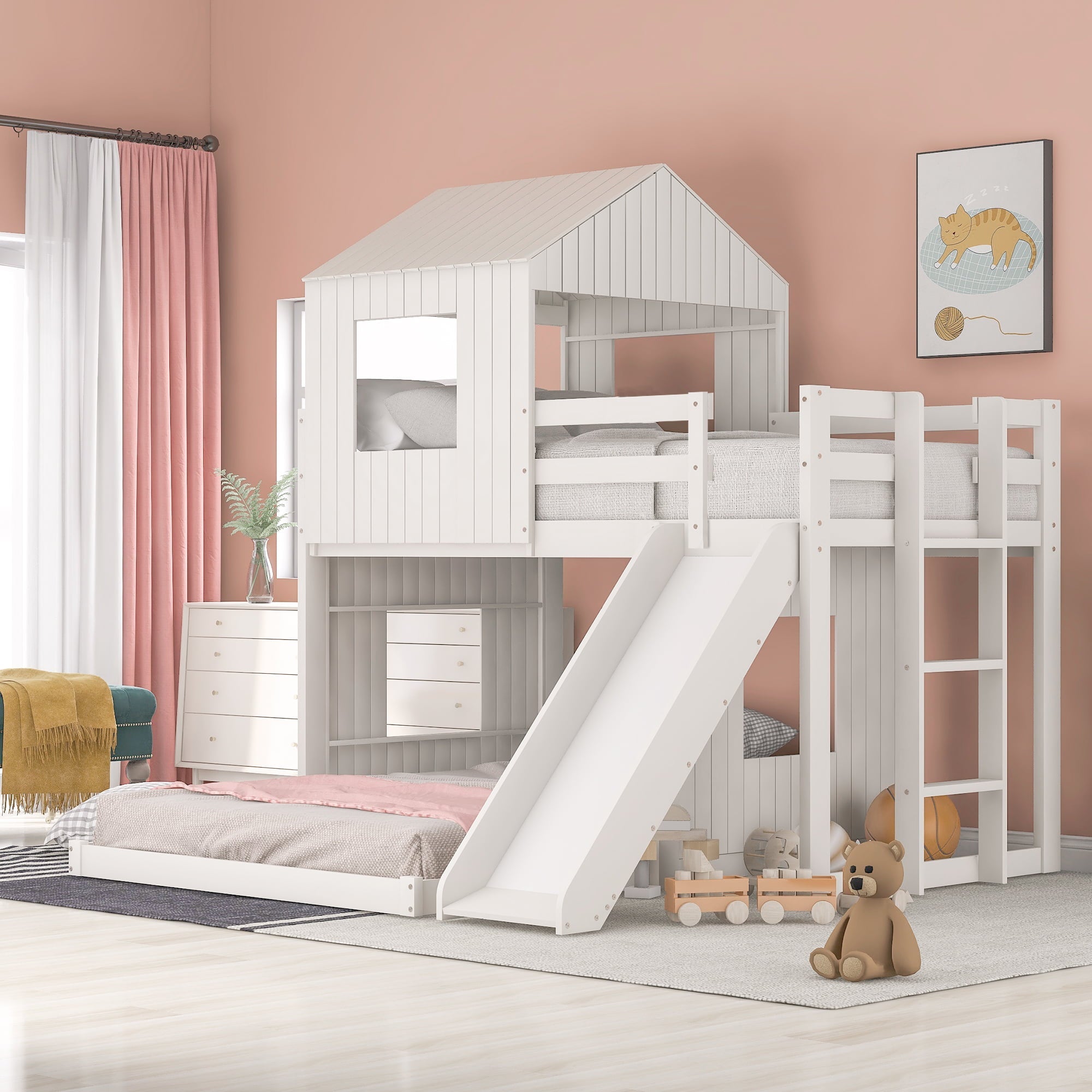 Churanty Twin Over Full Bunk Bed With Slide Wooden House Bunk Bed Playhouse Beds For Kids White