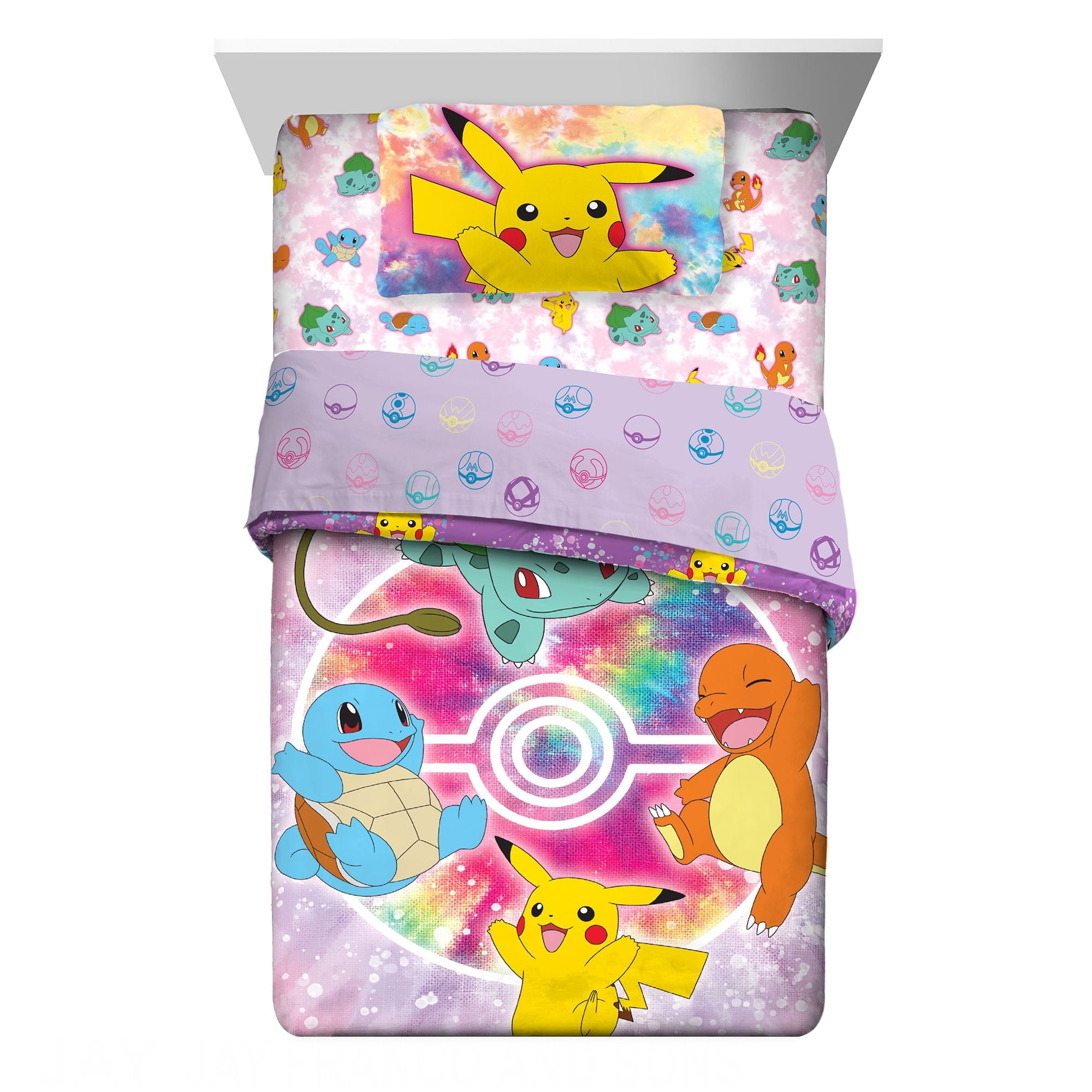 Pokémon Kids Twin Bed in a Bag, Tie-Dye, Gaming Bedding, Comforter and Sheets, Purple