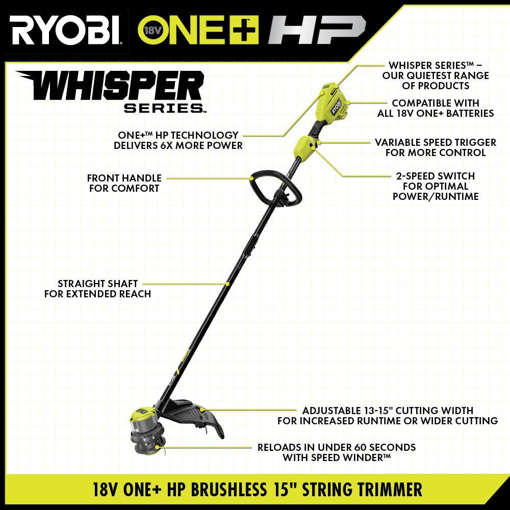 RYOBI P20019BTL-2X ONE+ HP 18V Brushless Whisper Series Cordless String Trimmer and Whisper Series 130 MPH 450 CFM Leaf Blower (Tool-Only)