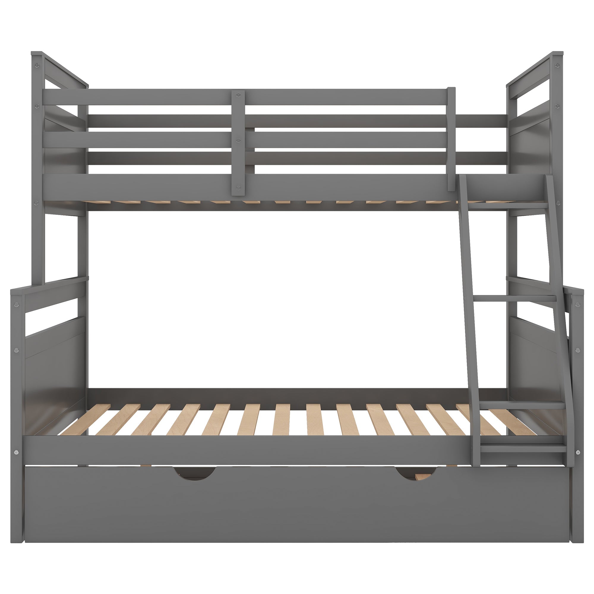 Euroco Wood Twin over Full Bunk Bed with Trundle for Kids & Adults Bedroom, Gray