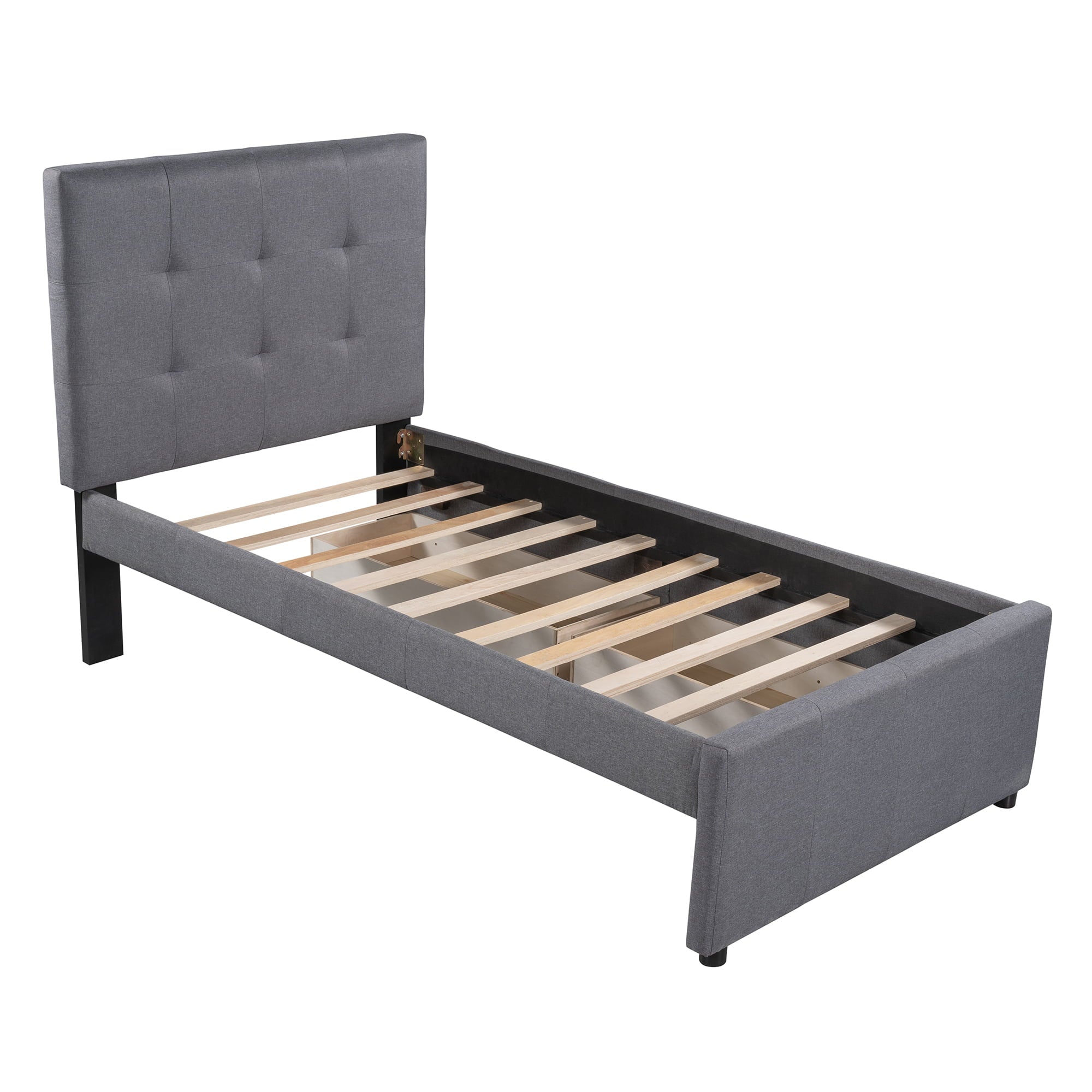 Twin Upholstered Platform Bed with 2 Storage Drawers for Kids, Gray