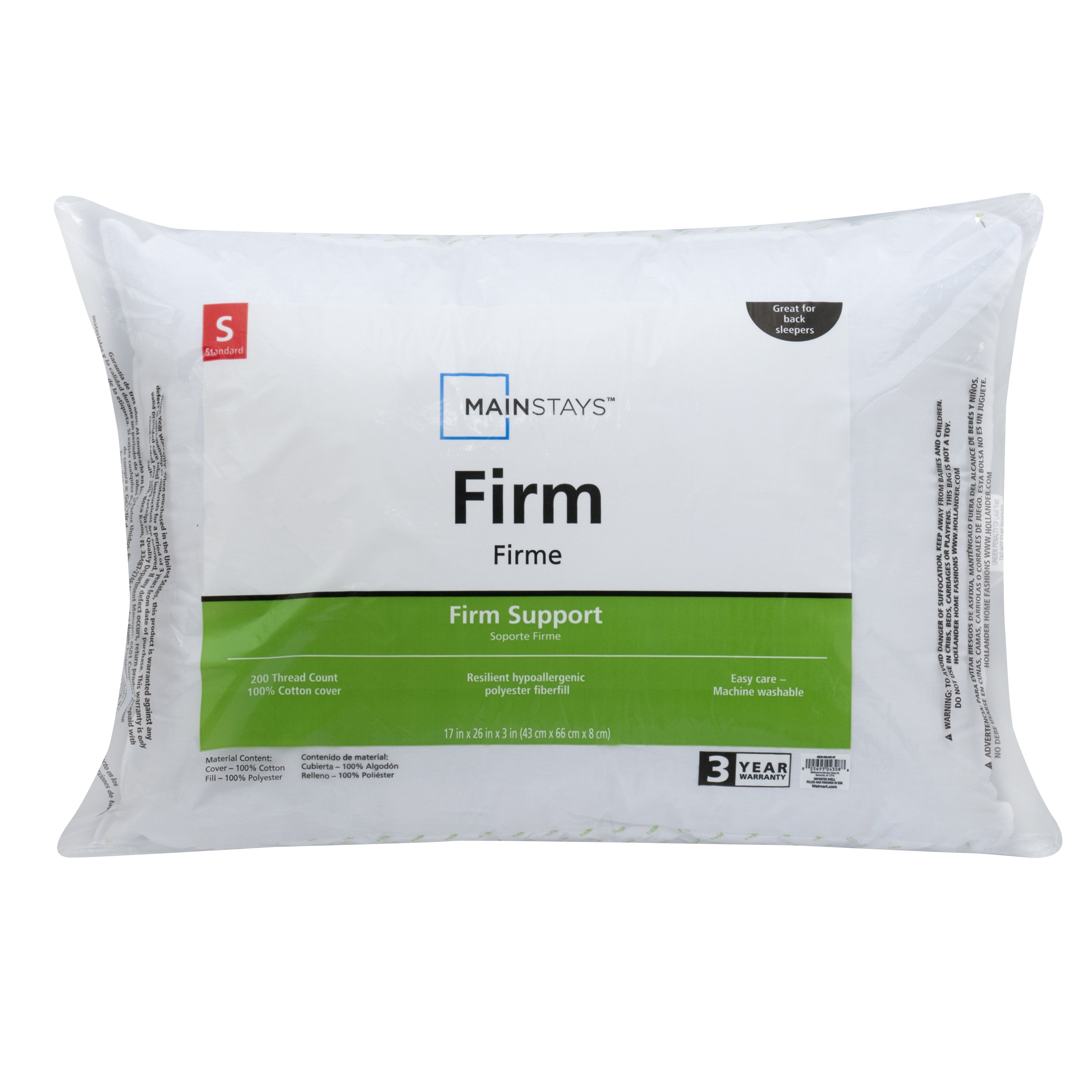Mainstays Firm Support Pillow, Queen, 200 Thread Count Cotton