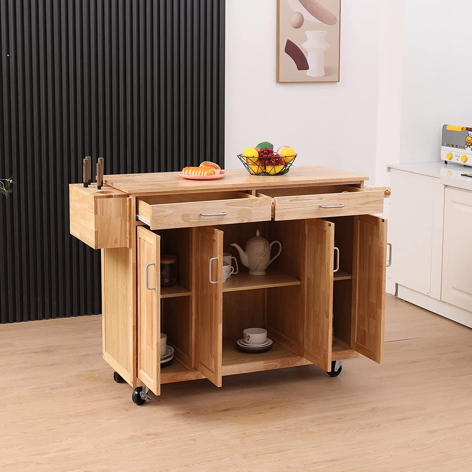 Yoleny Wooden Sideboard Buffet Cabinet with Wheels， Rolling Kitchen Cart with Drawers 54