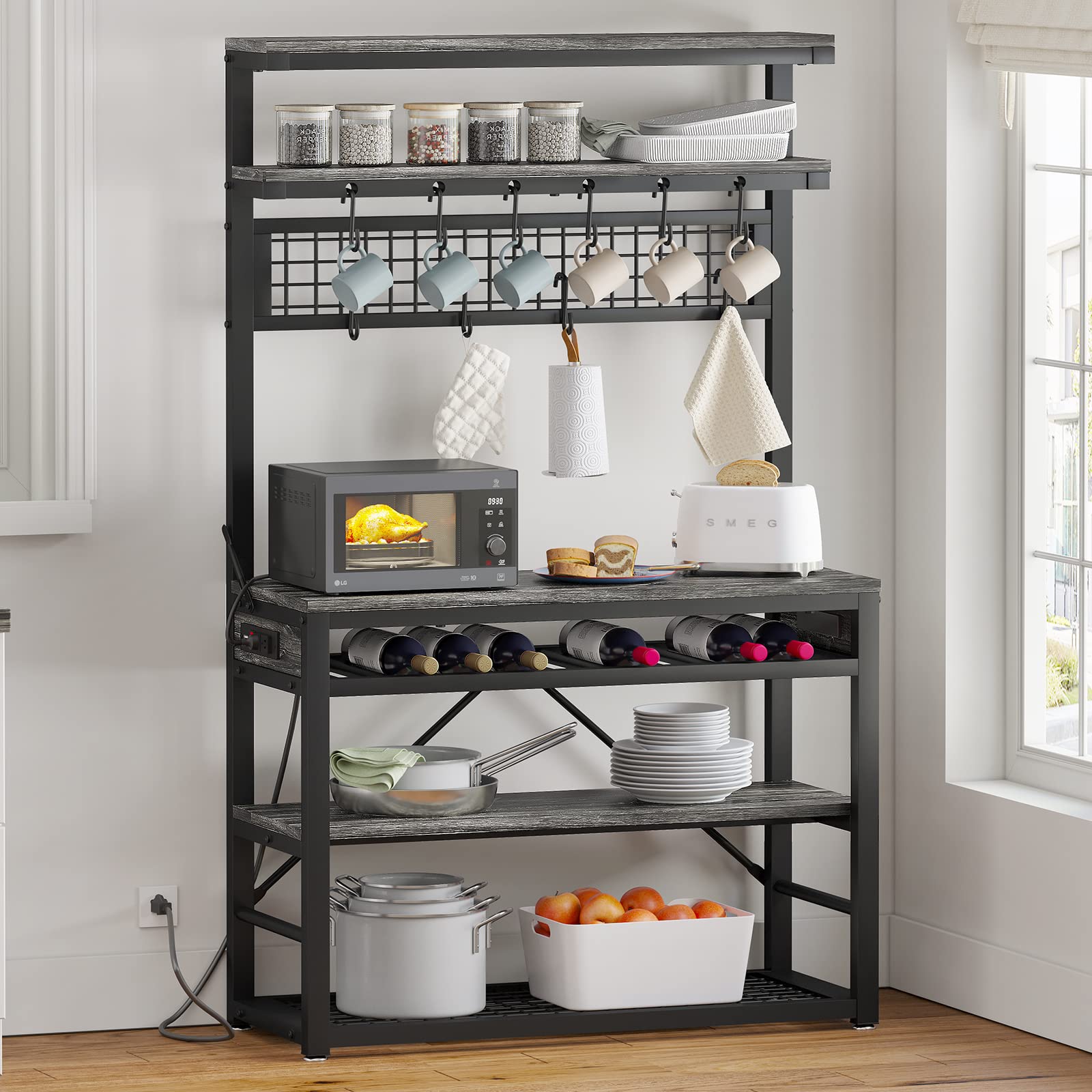 Bakers Rack with Power Outlet and LED Lights， 6-Tier Bakers Racks for Kitchens with Storage，Coffee Bar，Microwave Stand with Wine Rack and10 Hooks，Grey
