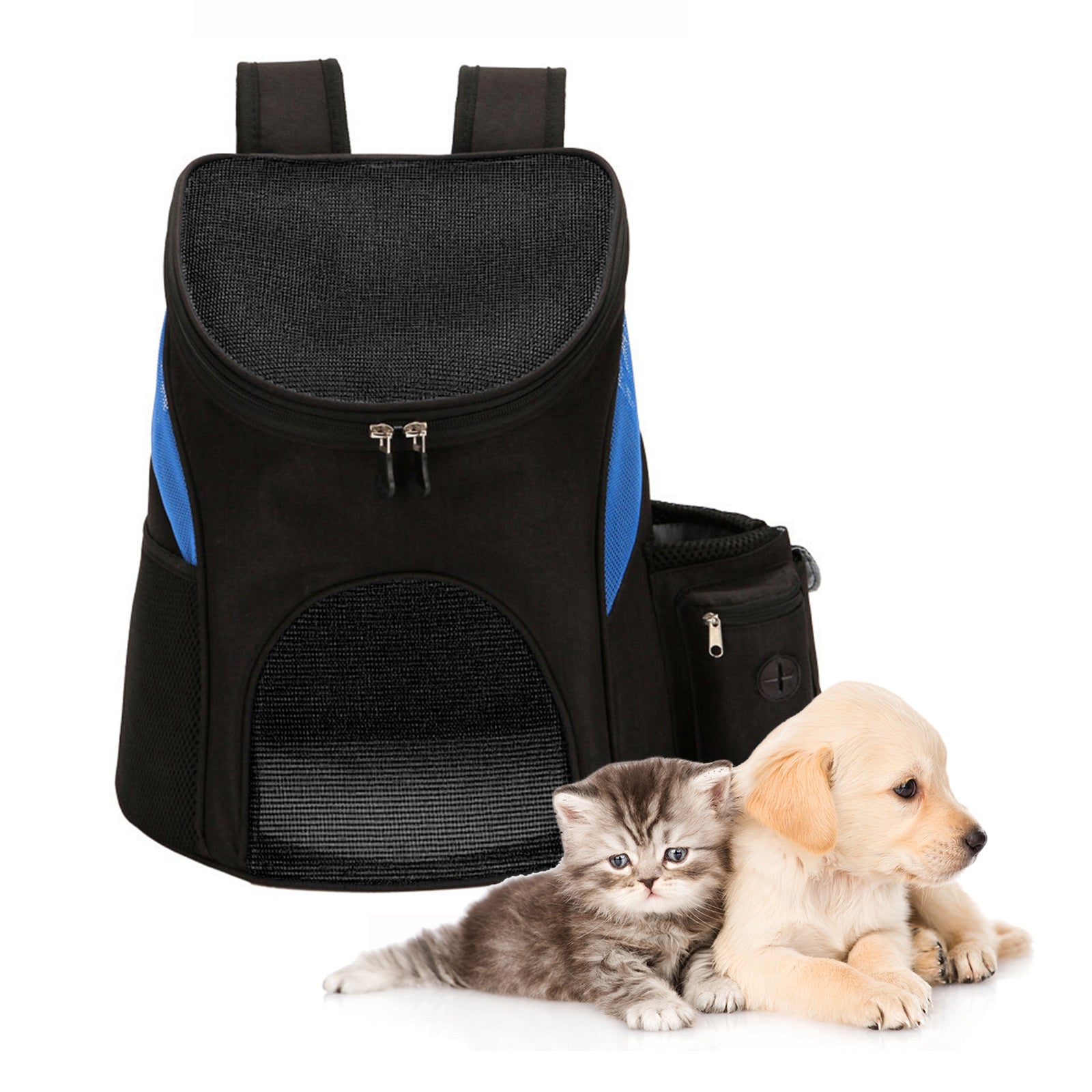 Tomfoto Pet Backpack Dog Cat Carrier with Double Zip Clear Window Side Pockets Pet Travel Shoulder Bag  Open Doors for Comfortable Travelling Hiking Outdoor Use