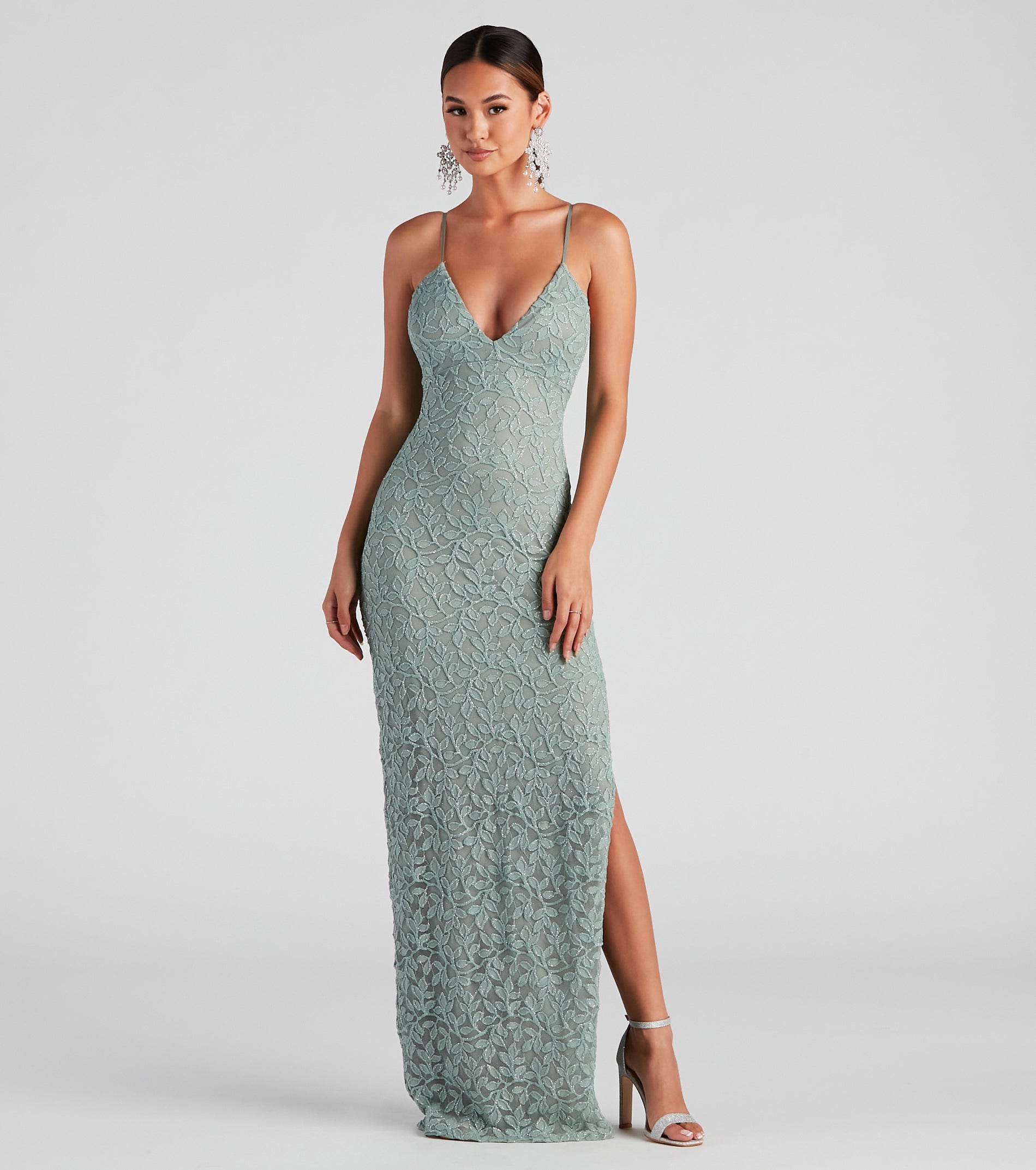 Marylou Lace Mesh Plunge Neck Formal Dress