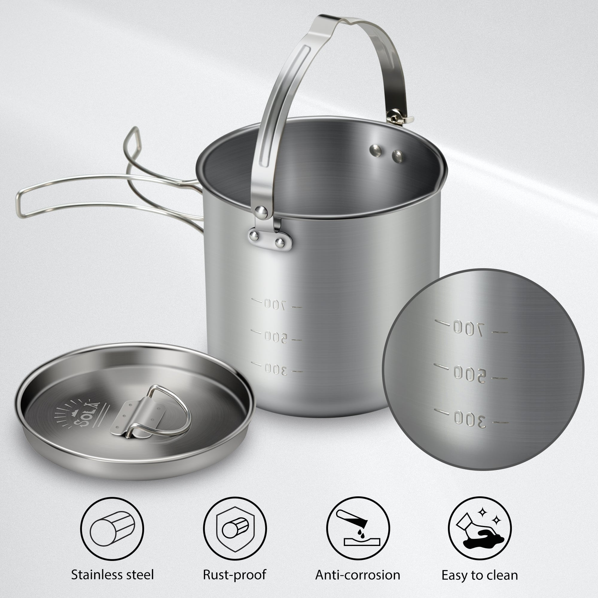 Tomfoto 5PCS Stainless Steel Kettle with 2 Cups 2 Bowls Foldable Handles Lid Large Capacity Portable Tea Coffee Water Cooking Pot for Camping Hiking Picnic Outdoors