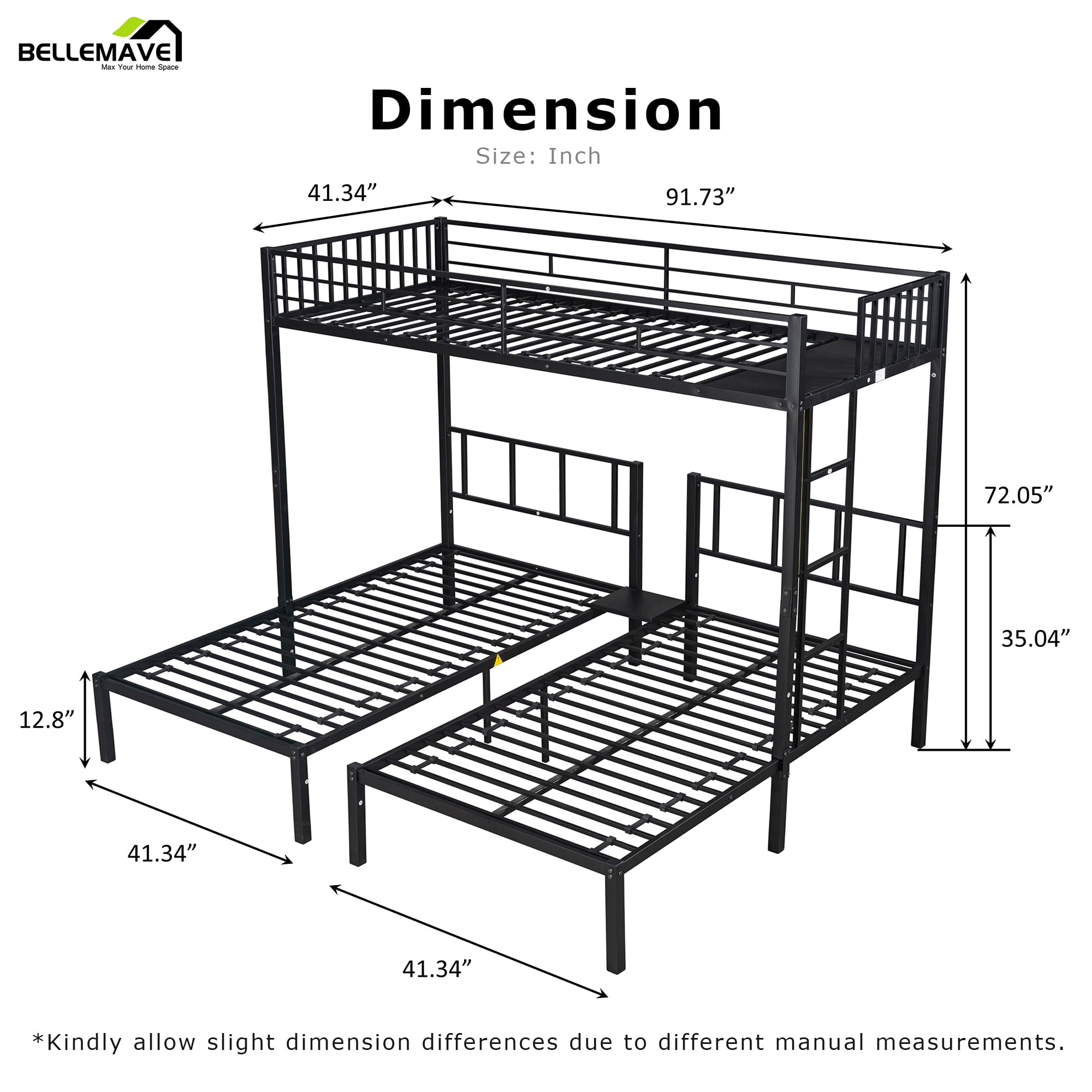 Bellemave Metal Triple Bunk Bed with Ladder, Twin over Twin over Twin Bunk Bed for Kids, Boys & Girls in Bedroom, Convert into 3 Twin Bed, Black