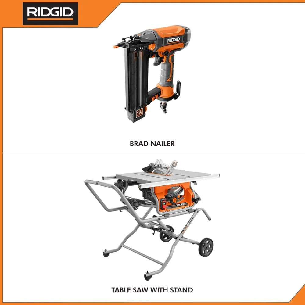 RIDGID 15 Amp 10 in. Portable Pro Jobsite Table Saw with Rolling Stand and Pneumatic 18-Gauge 2-1/8 in. Brad Nailer R4514-R213BNF