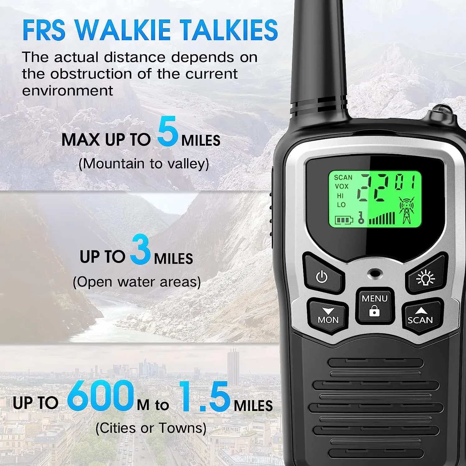 Walkie Talkies,  Long Range Walkie Talkies for Adults with 22 FRS Channels, Family Walkie Talkie with LED Flashlight VOX LCD Display for Hiking Camping Trip (Orange 2 Pack)