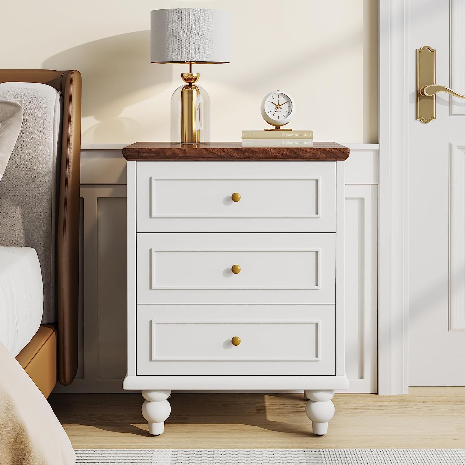 Wooden Nightstand, 3-Drawer Bedside Table with Solid Wood Legs