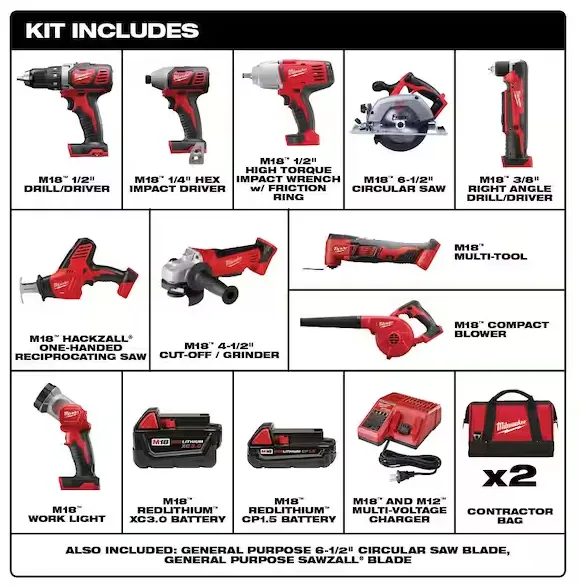 💥M18 18V Lithium-Ion Cordless Combo Kit (10-Tool) with (2) Batteries, Charger and (2) Tool Bags