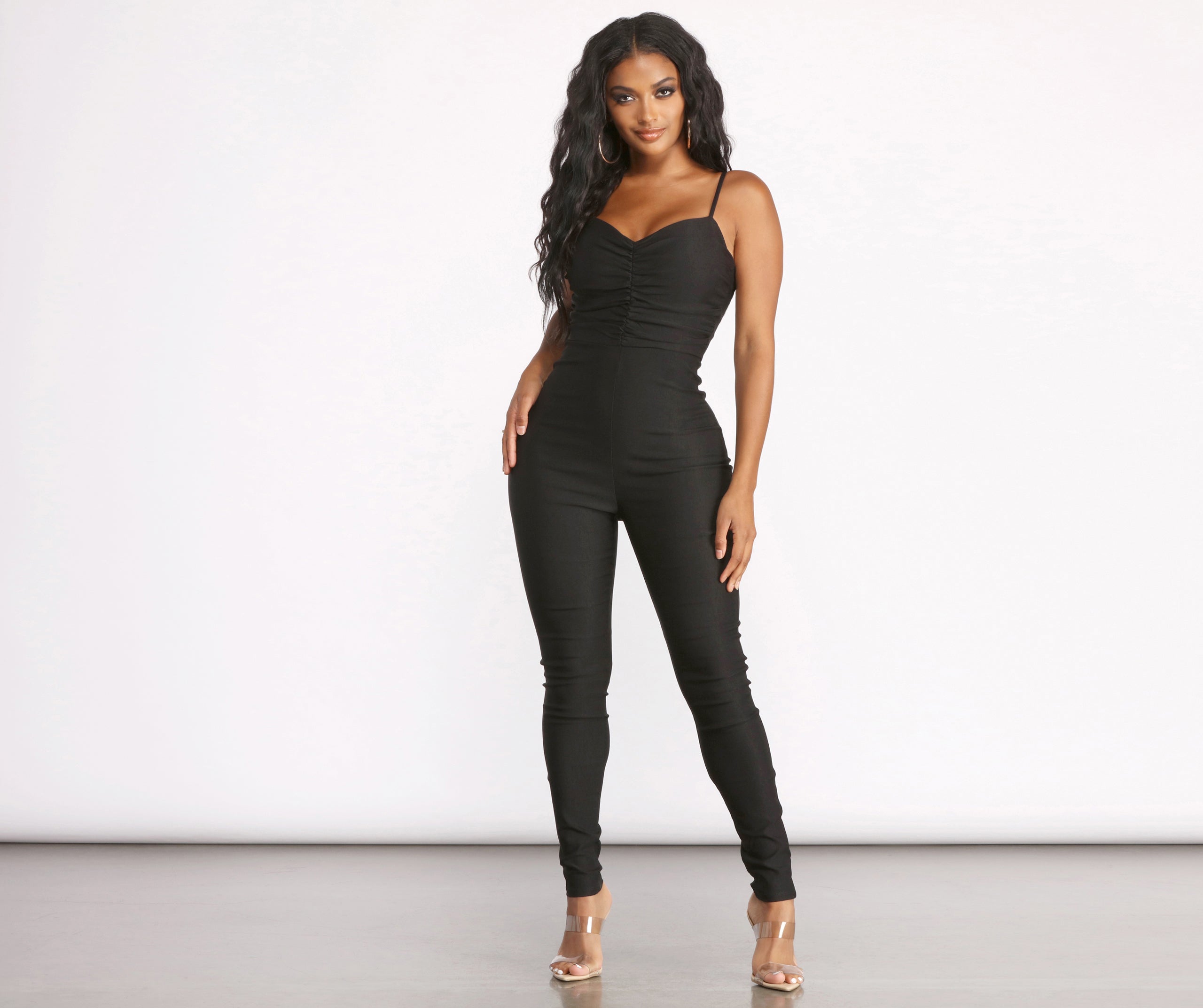 Sleeveless Sweetheart Neck Ruched Tapered Catsuit