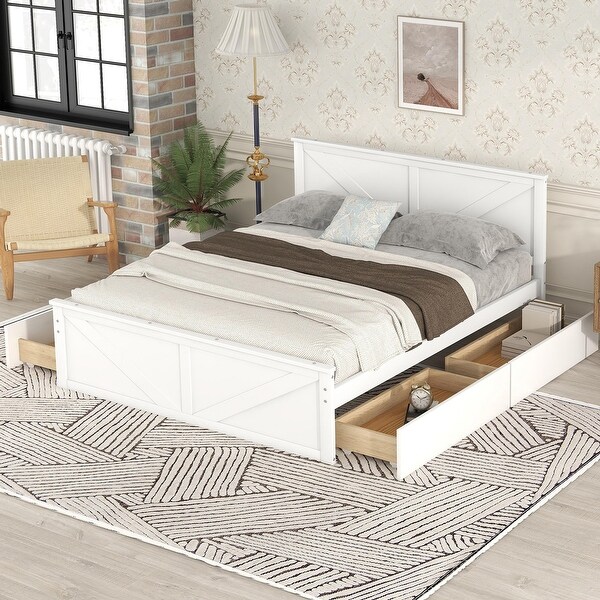 Queen Size Wooden Platform Bed with Four Storage Drawers and Support Legs， White