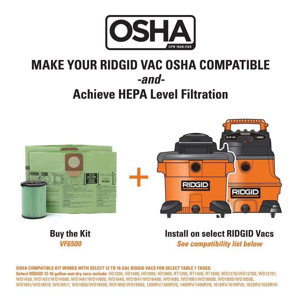 RIDGID 16 Gallon 6.5 Peak HP NXT Wet/Dry Shop Vacuum, Fine Dust Filter, Locking Hose, Accessories, OSHA and HEPA Filtration Kit HD1800A