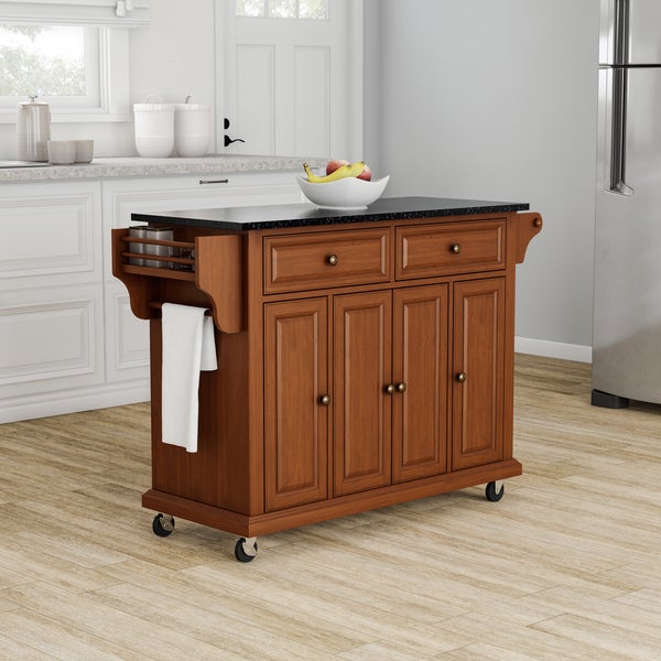 Full Size Solid Black Granite Top Classic Cherry Finish Kitchen Cart - N/A - - 20931562