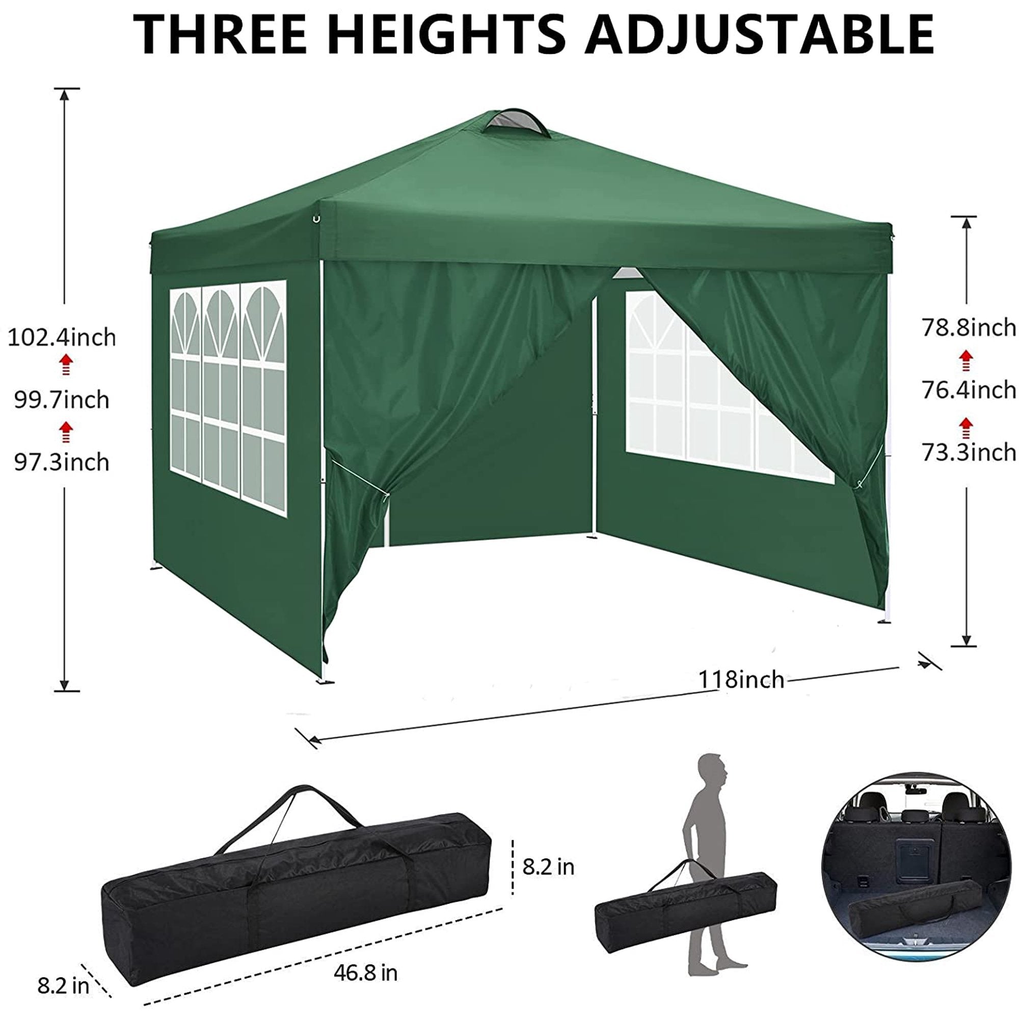 10' x 10' Canopy Tent Party Tent UV/Sun/Rain Protection Straight Leg Instant Pop Up Canopy Tent, Height Ajustable Beach Shade Tent Gazebo w/4 Removable Sidewalls, Carry Bag, 4 Sandbags, Green